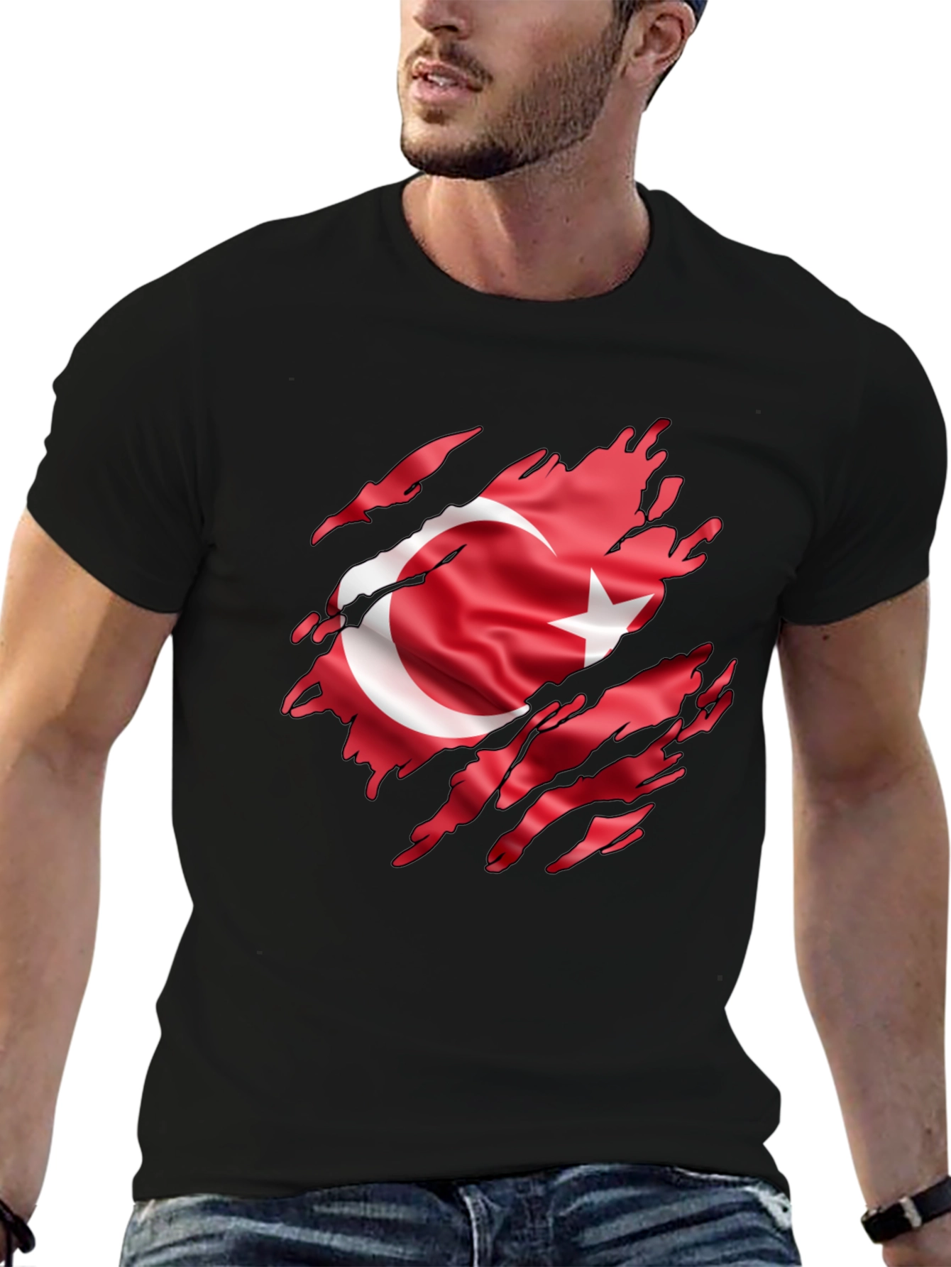 Mens Black T-Shirt with Turkey Flag Graphic