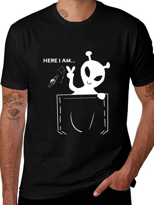 Alien in Pocket Mens Black T-Shirt - Here I am!