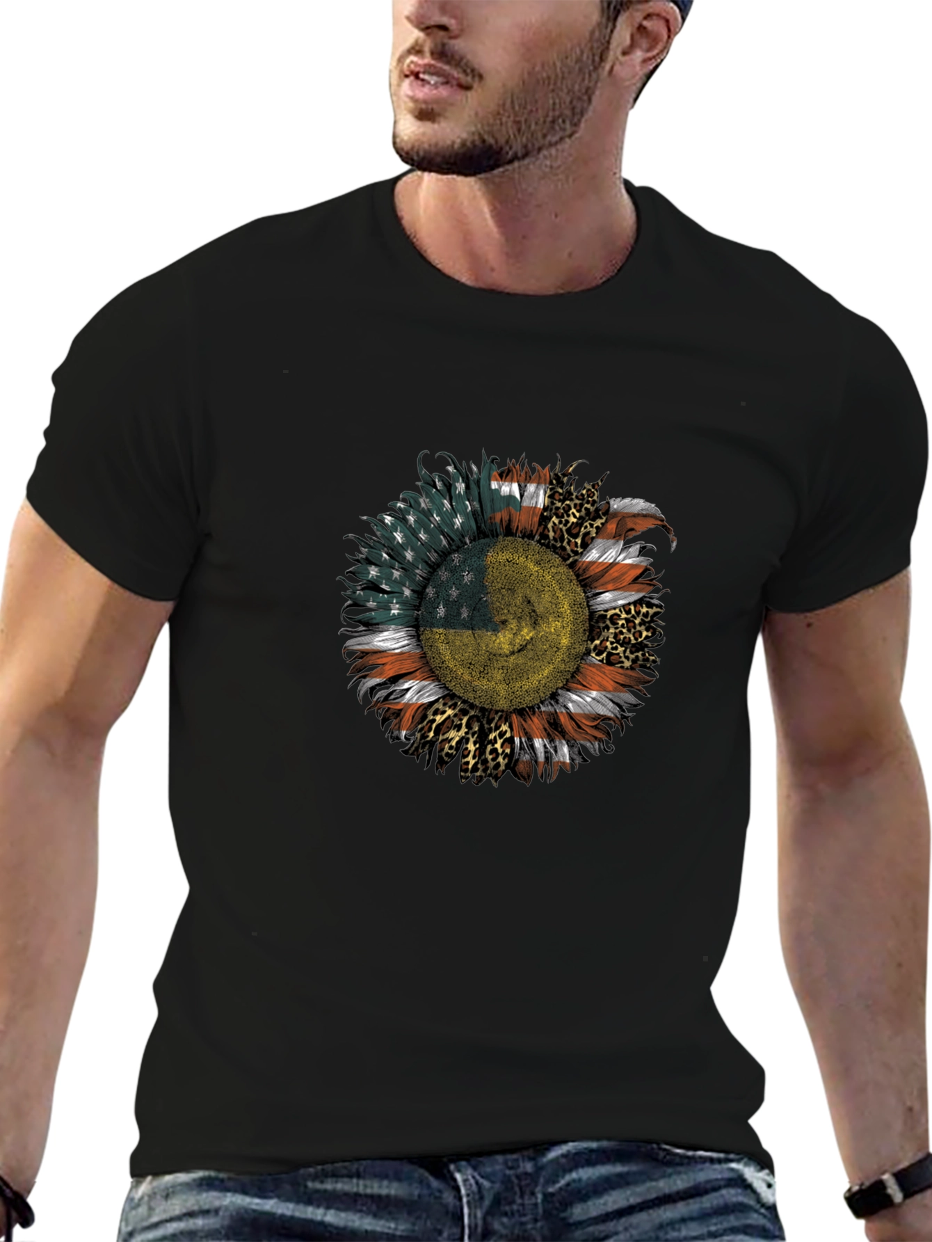 USA Ukraine Flag Sunflower Mens Black T-Shirt