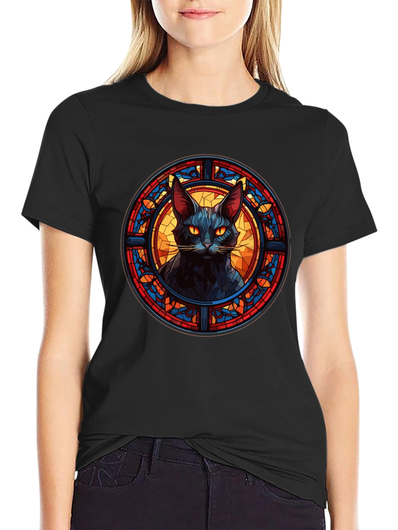 Black Cat Stained Glass Style Graphic Tee