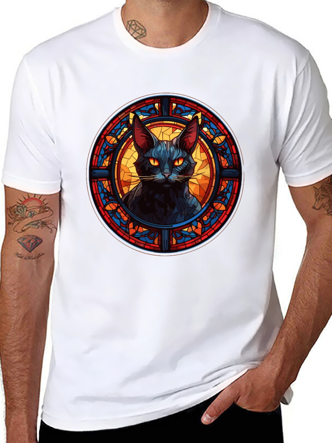 Black Cat Stained Glass Style Graphic Tee
