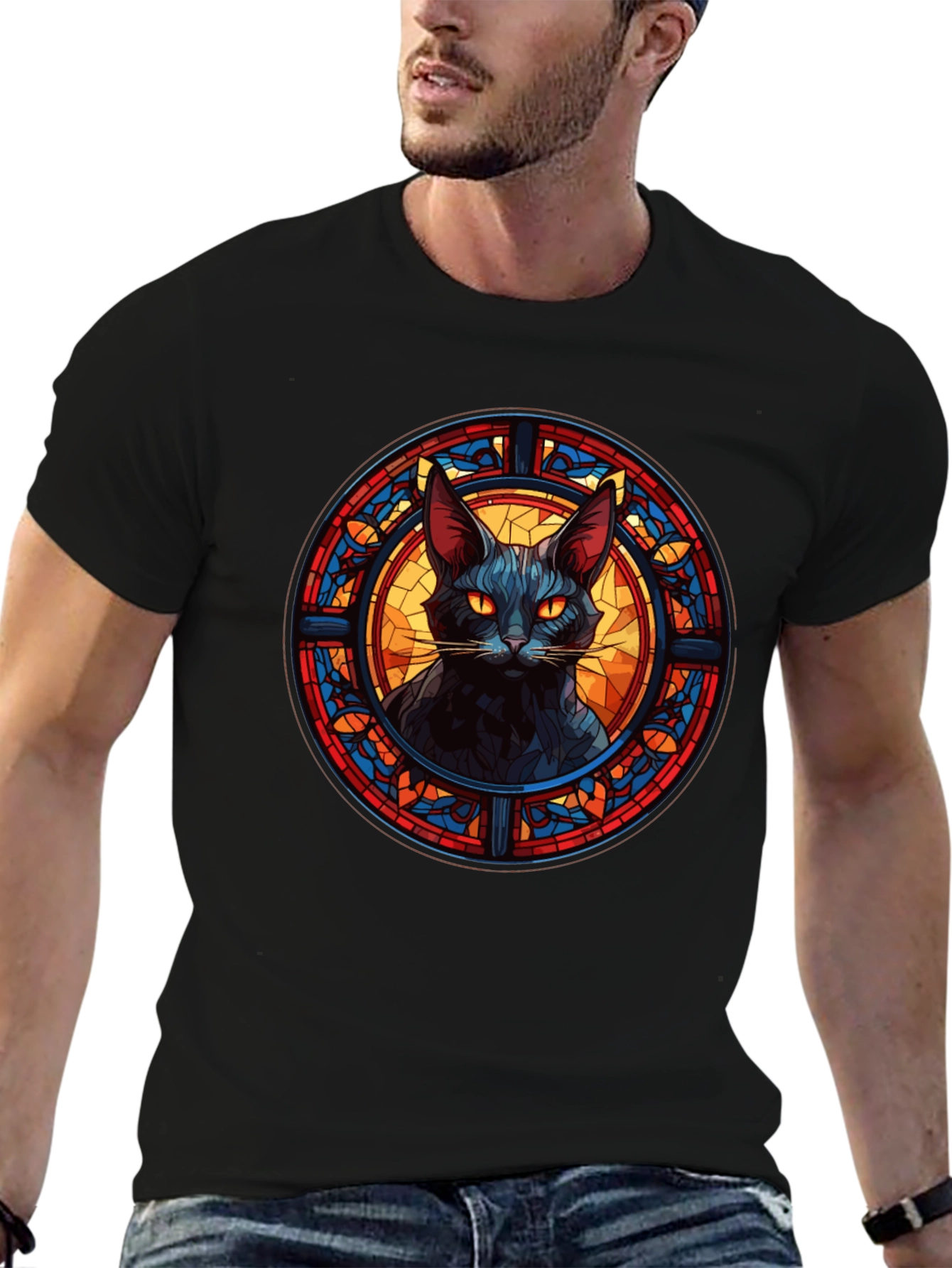 Black Cat Stained Glass Style Graphic Tee