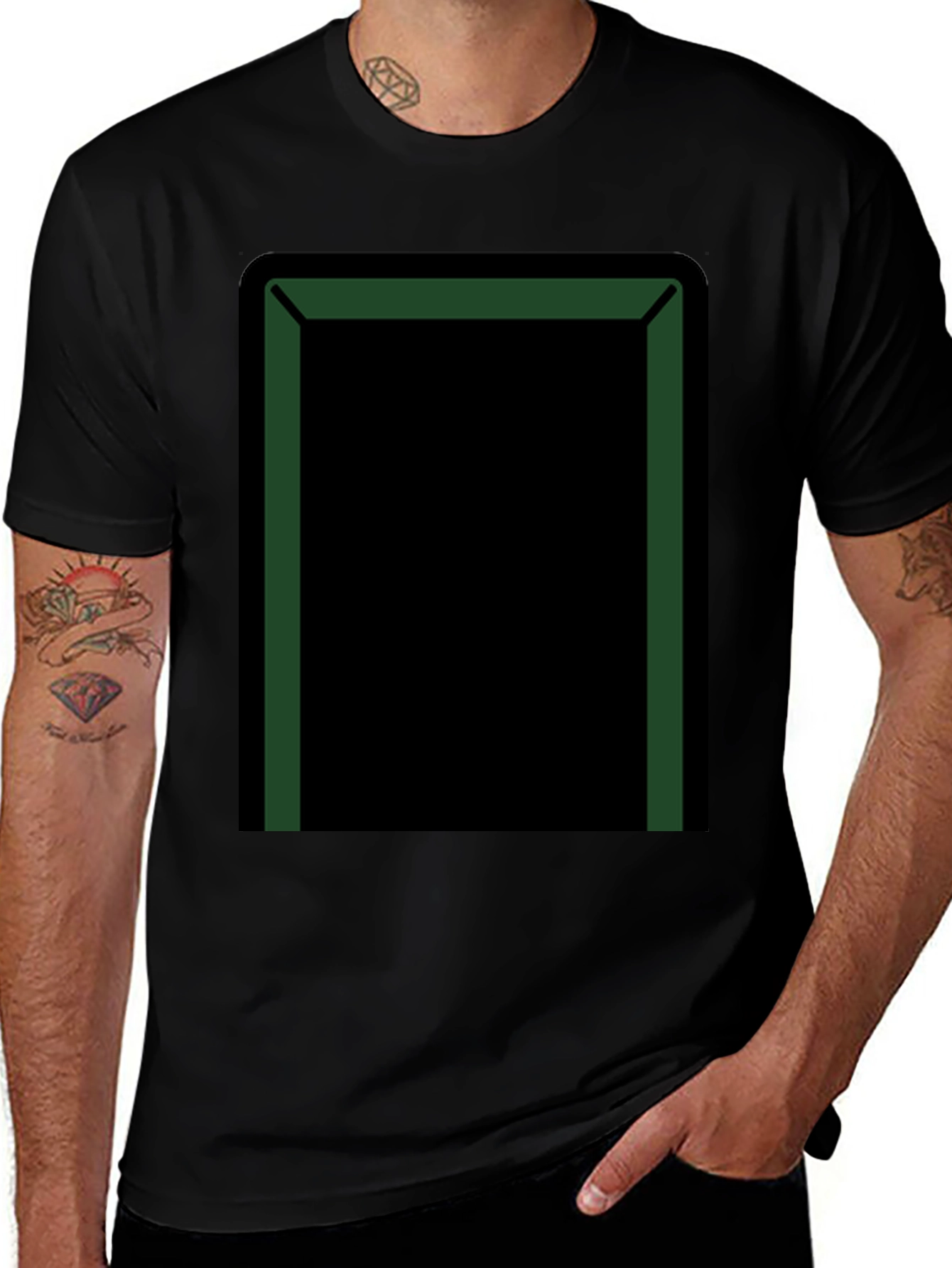 Mens Black T-Shirt with Green Framed Rectangle Design
