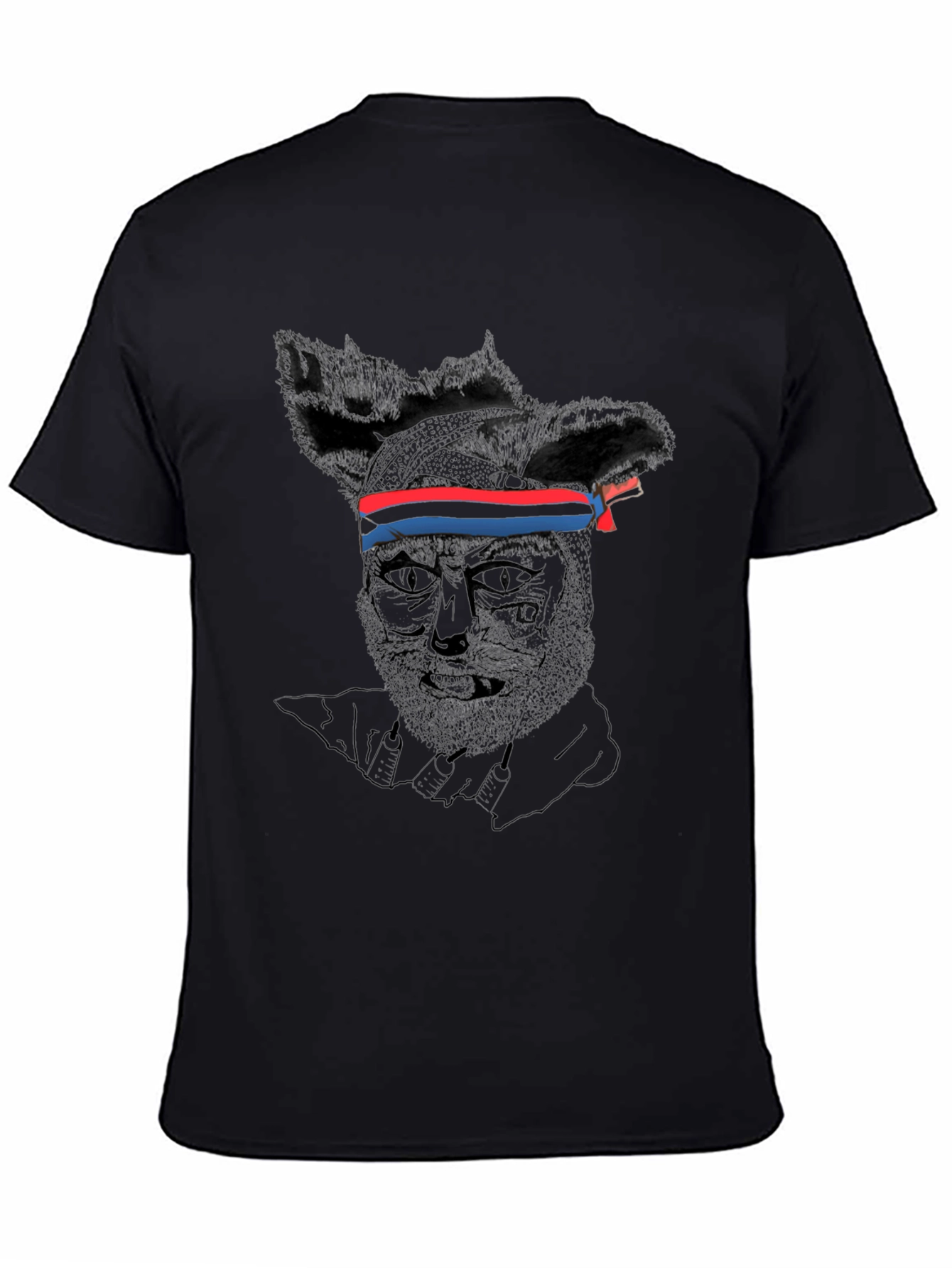 Graphic Black T-Shirt - Wolf with Headband Design