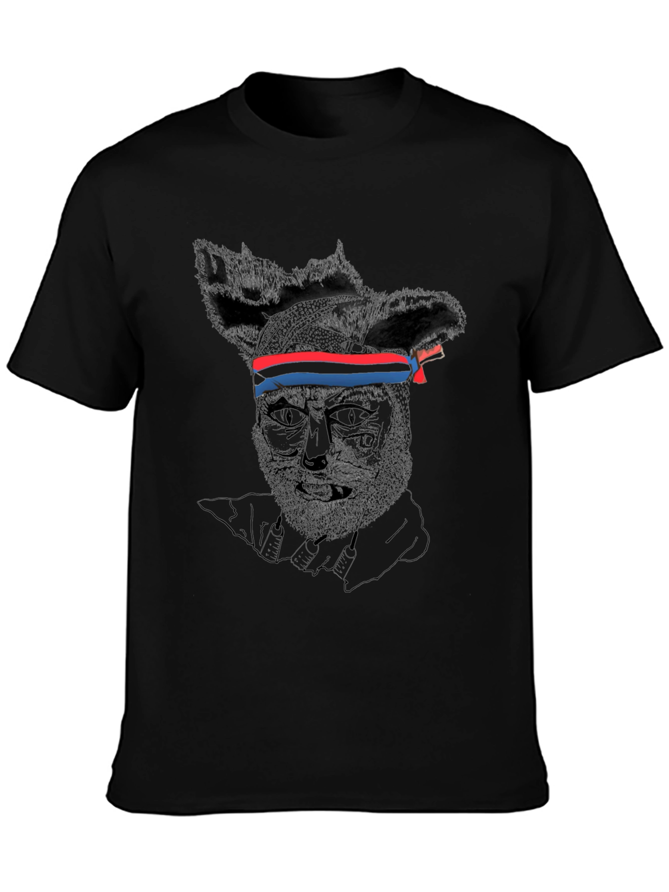 Graphic Black T-Shirt - Wolf with Headband Design