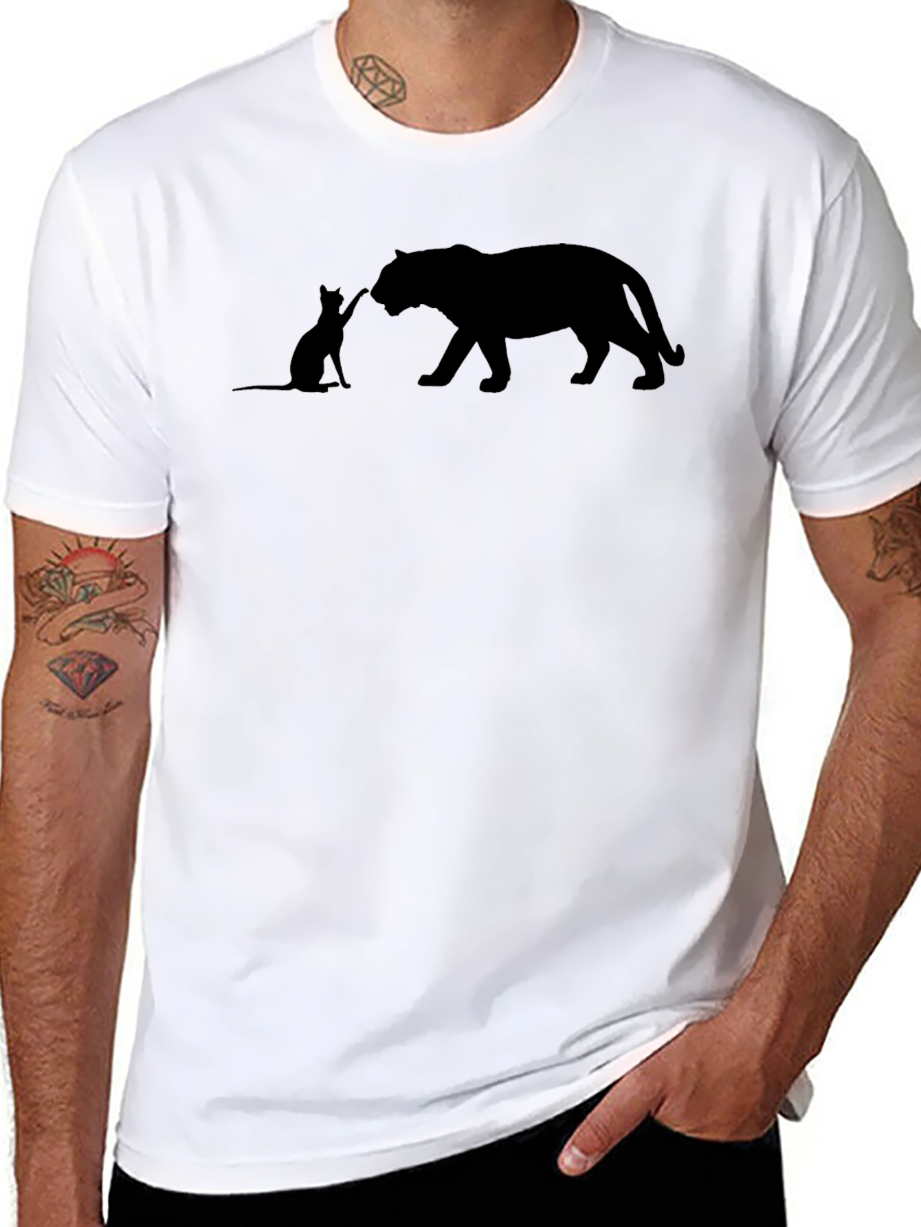 Cat and Tiger Graphic Tee - Black Cotton Shirt