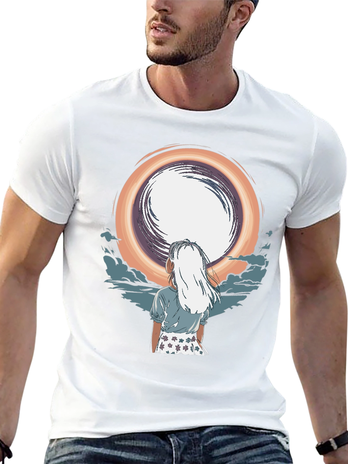 Anime Girl Moon Graphic Black T-Shirt