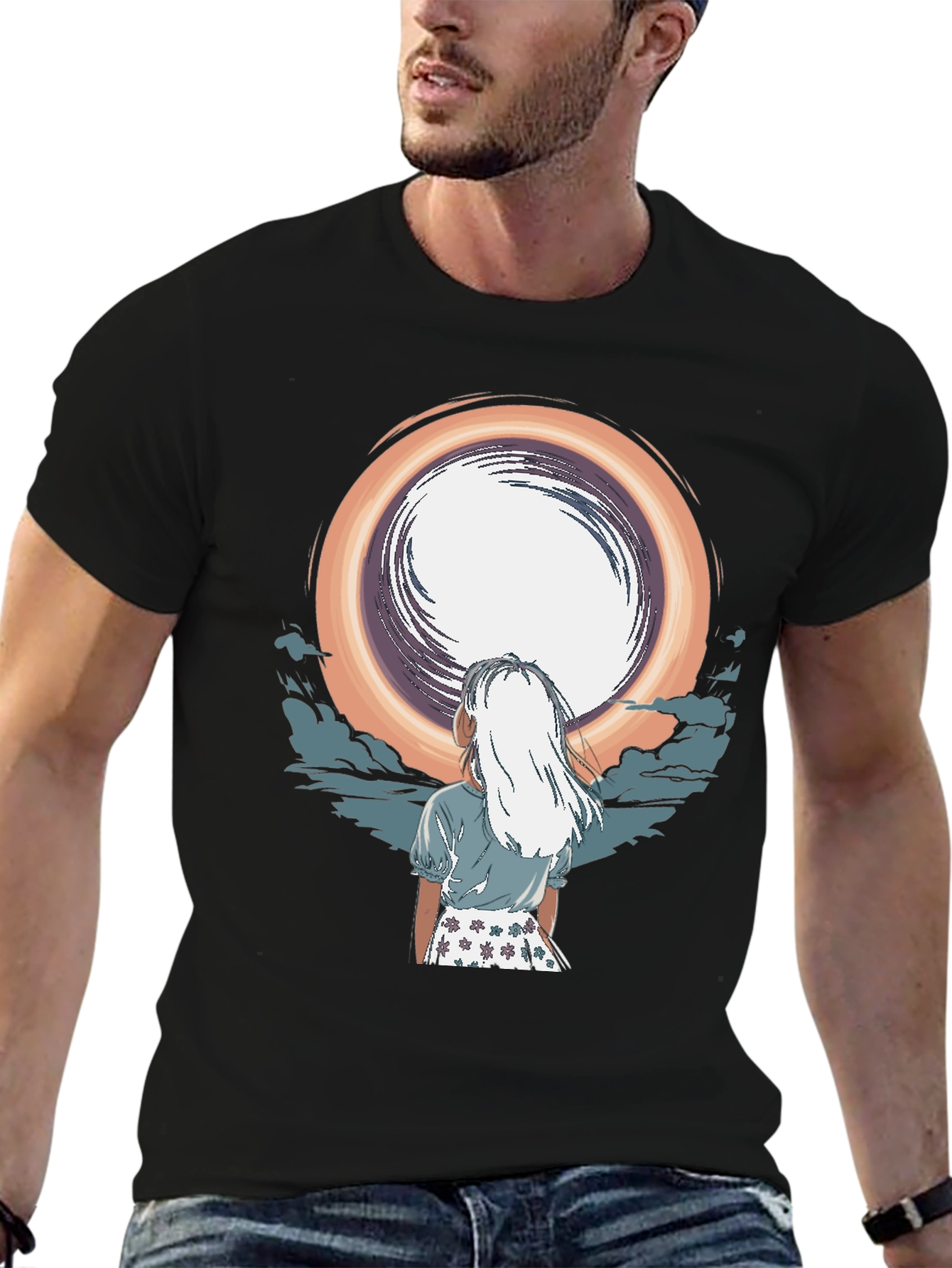 Anime Girl Moon Graphic Black T-Shirt