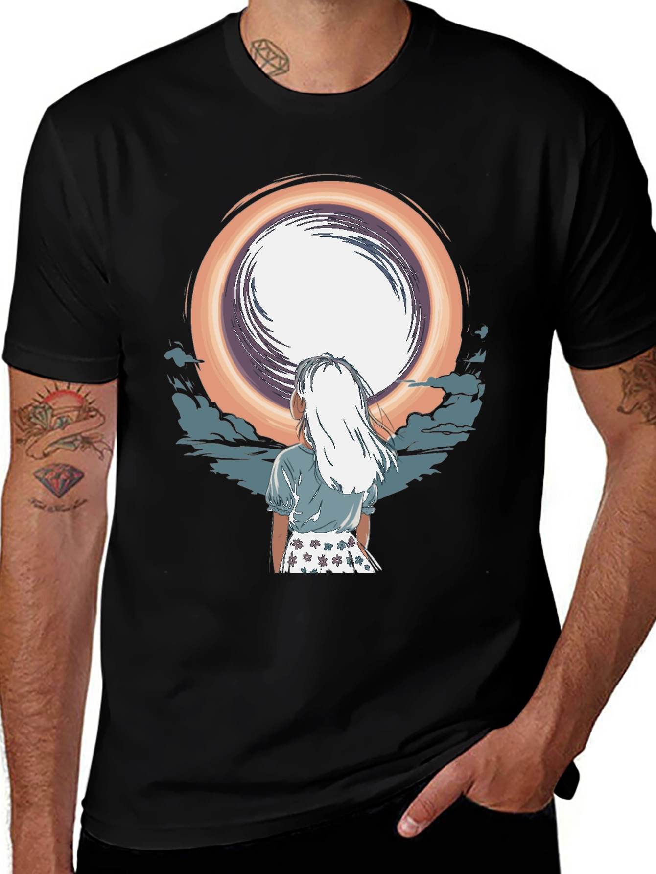 Anime Girl Moon Graphic Black T-Shirt
