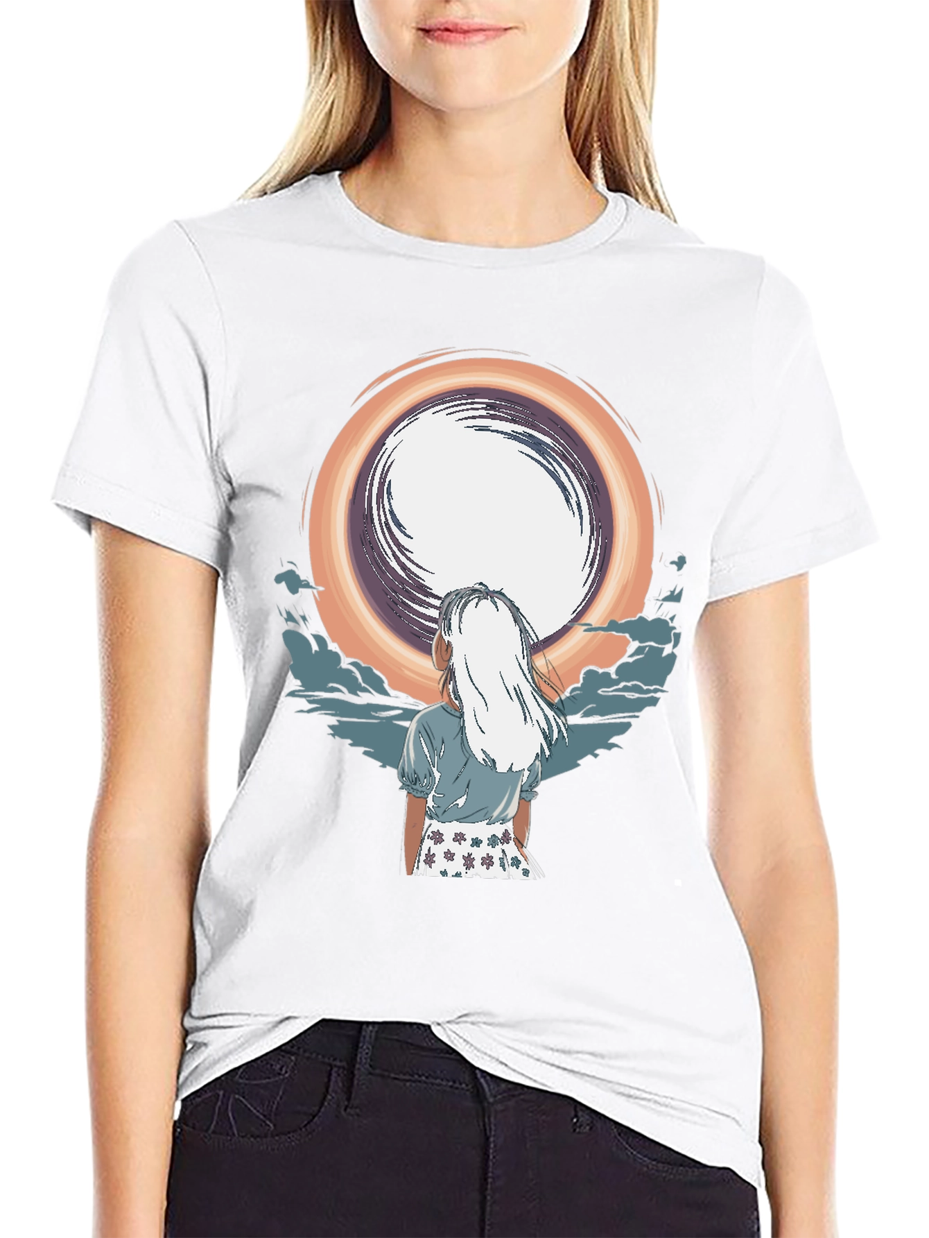 Anime Girl Moon Graphic Black T-Shirt