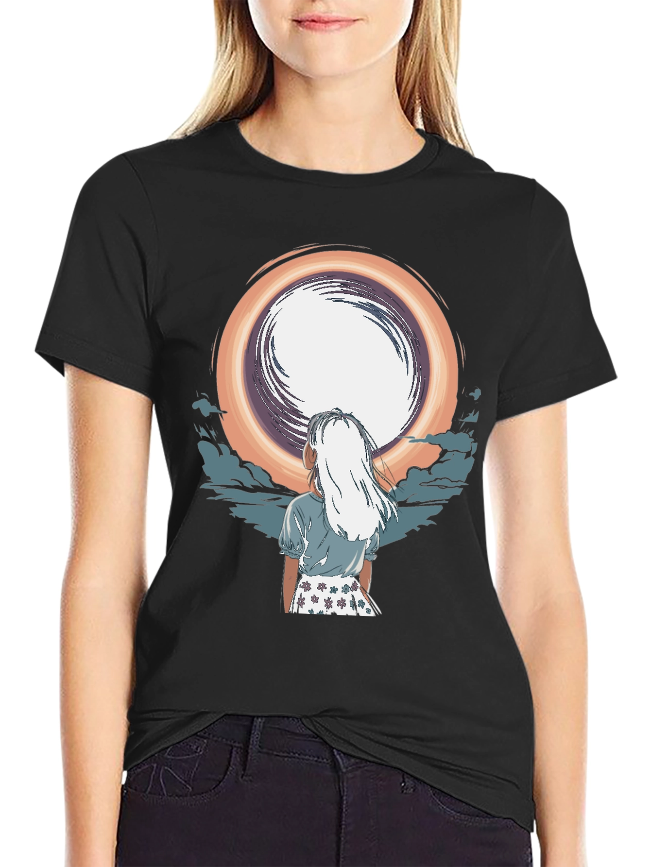 Anime Girl Moon Graphic Black T-Shirt