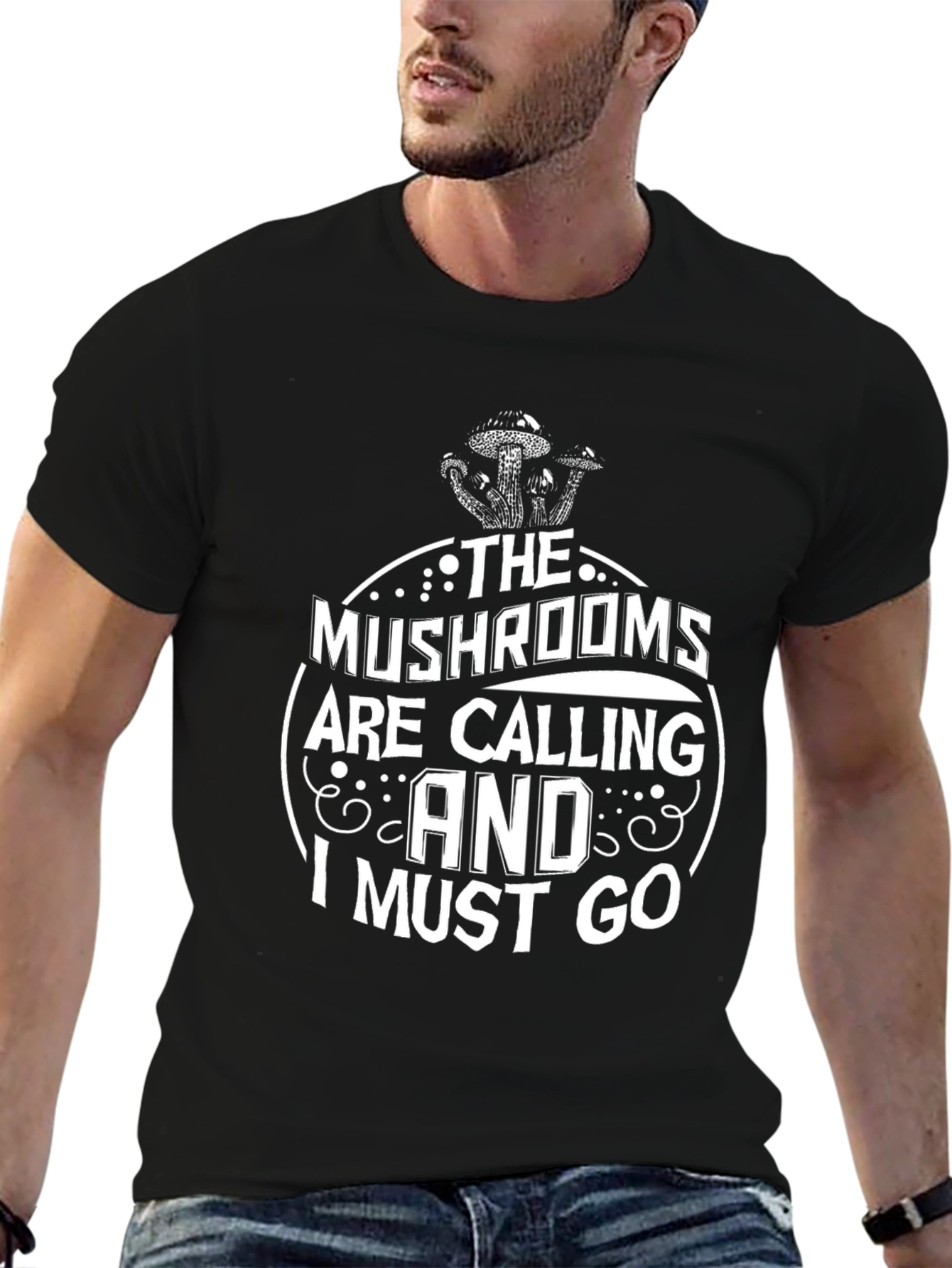 Mushrooms are Calling Graphic Tee - Black Cotton T-Shirt