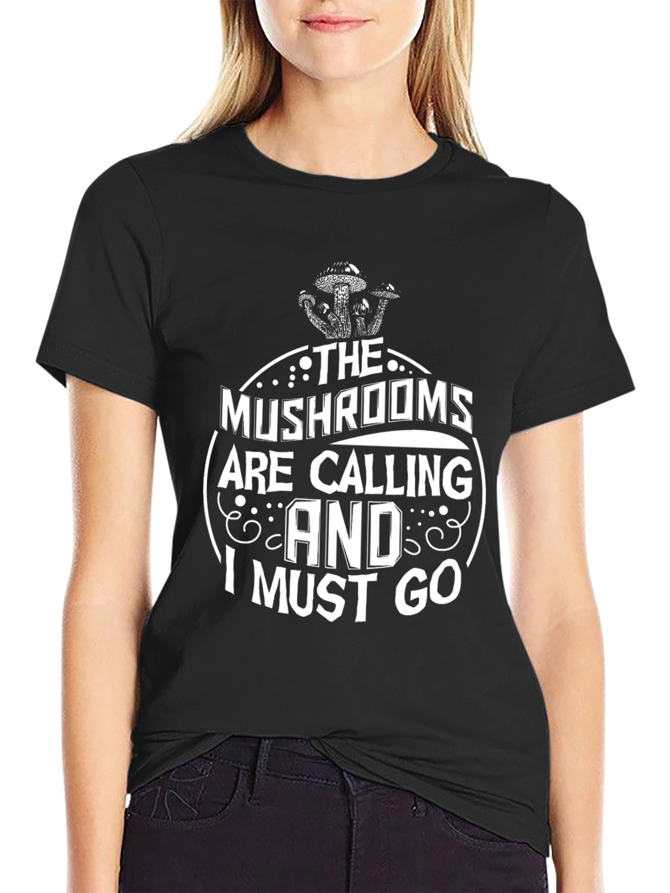 Mushrooms are Calling Graphic Tee - Black Cotton T-Shirt