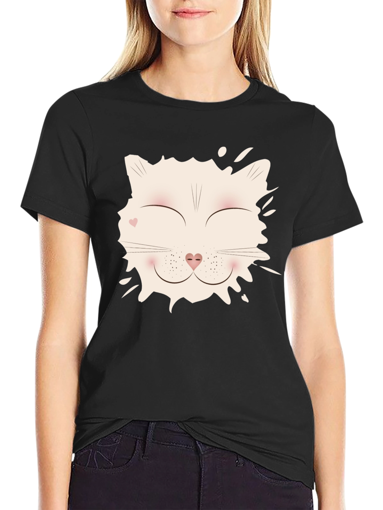 Cute Cat Face Graphic T-Shirt - Black