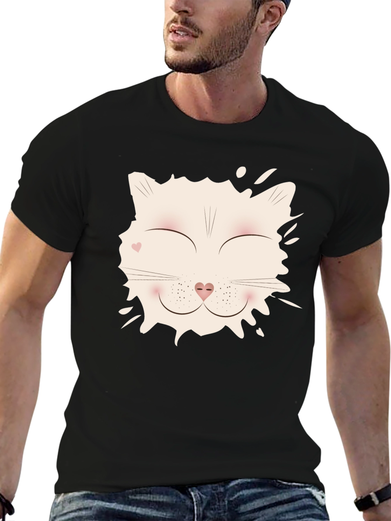 Cute Cat Face Graphic T-Shirt - Black