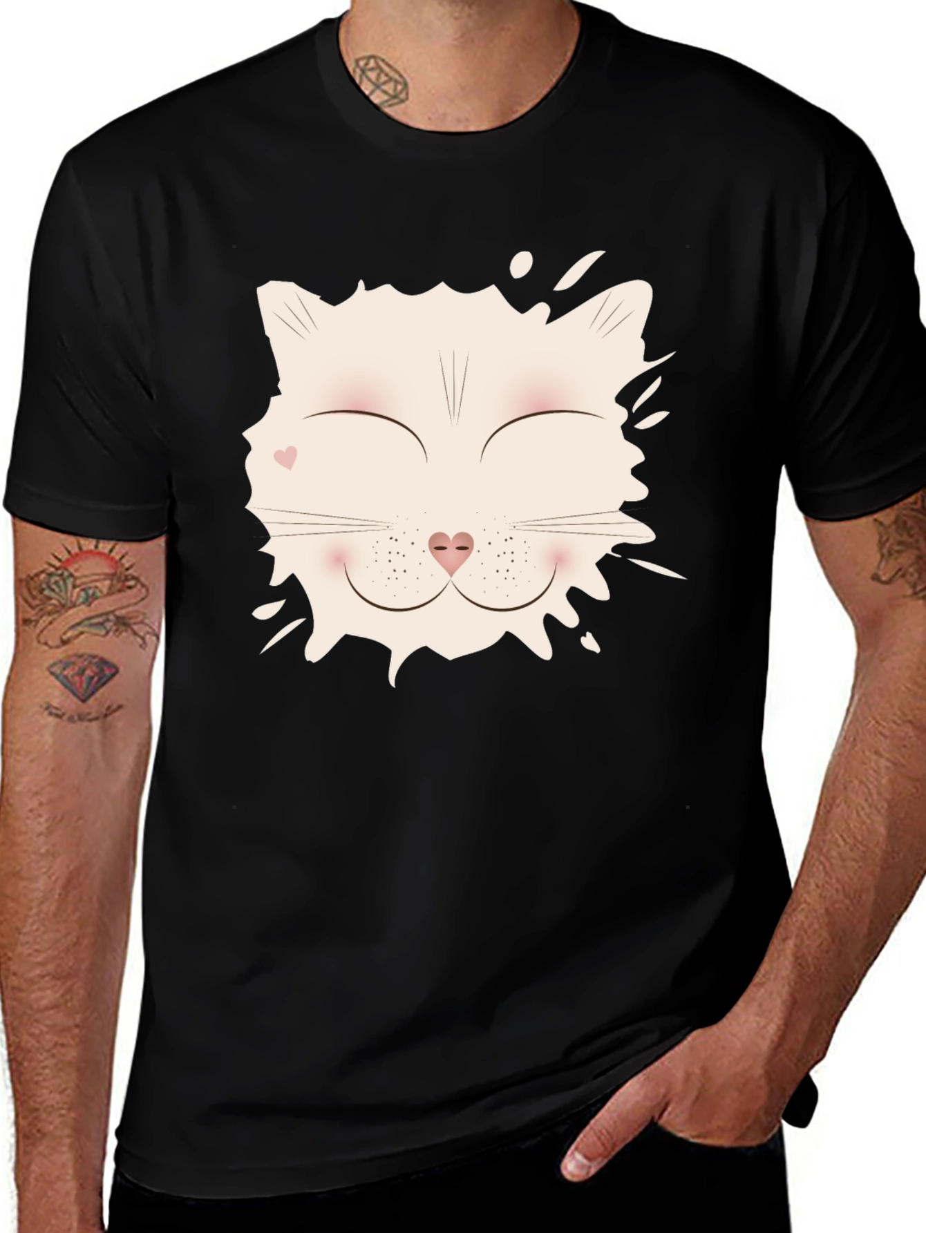 Cute Cat Face Graphic T-Shirt - Black