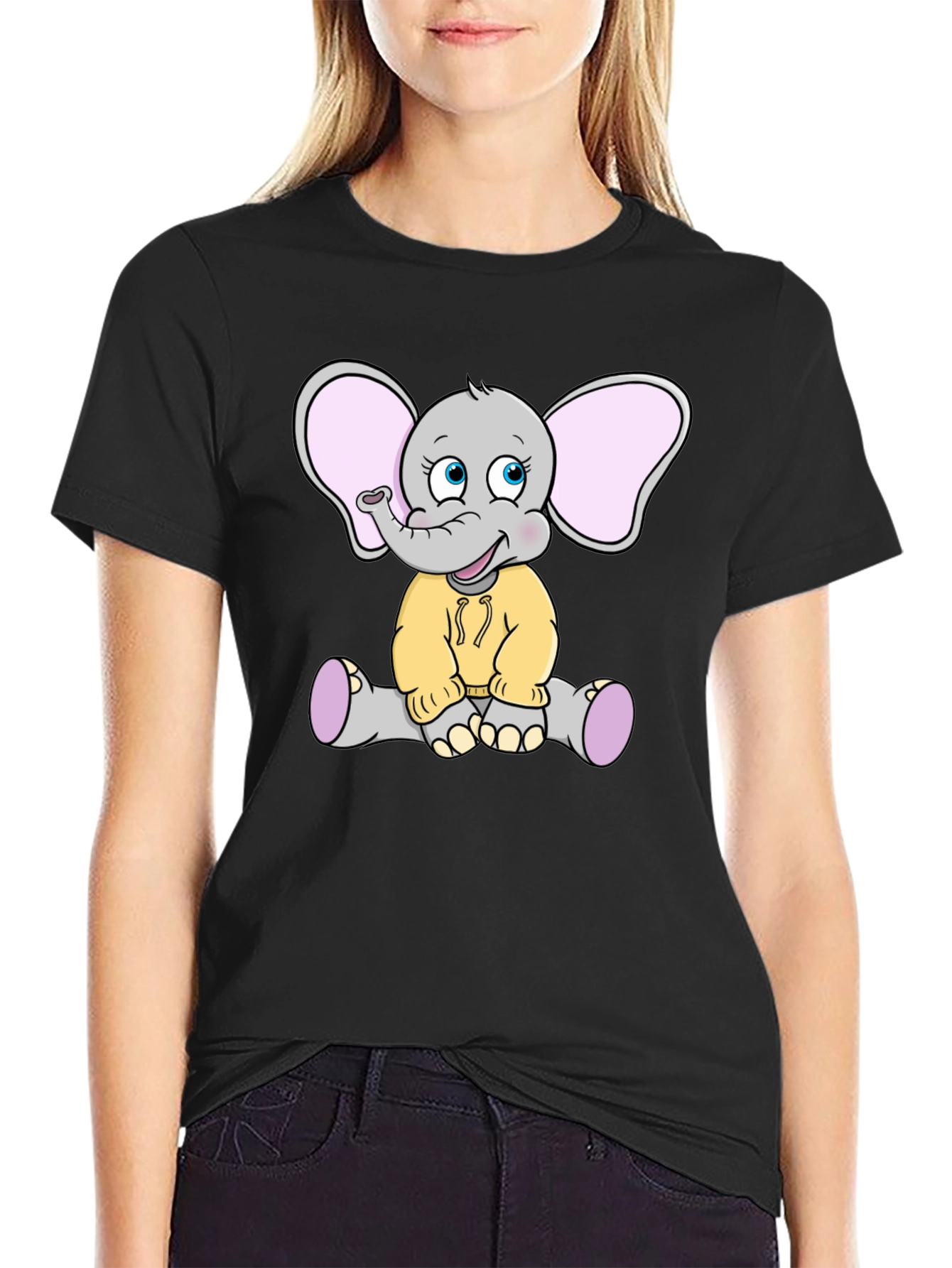 Cute Elephant Graphic Tee - Black Cotton T-Shirt