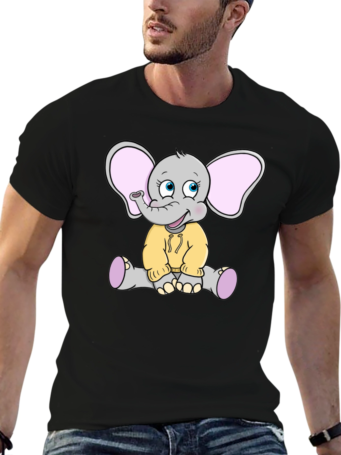 Cute Elephant Graphic Tee - Black Cotton T-Shirt