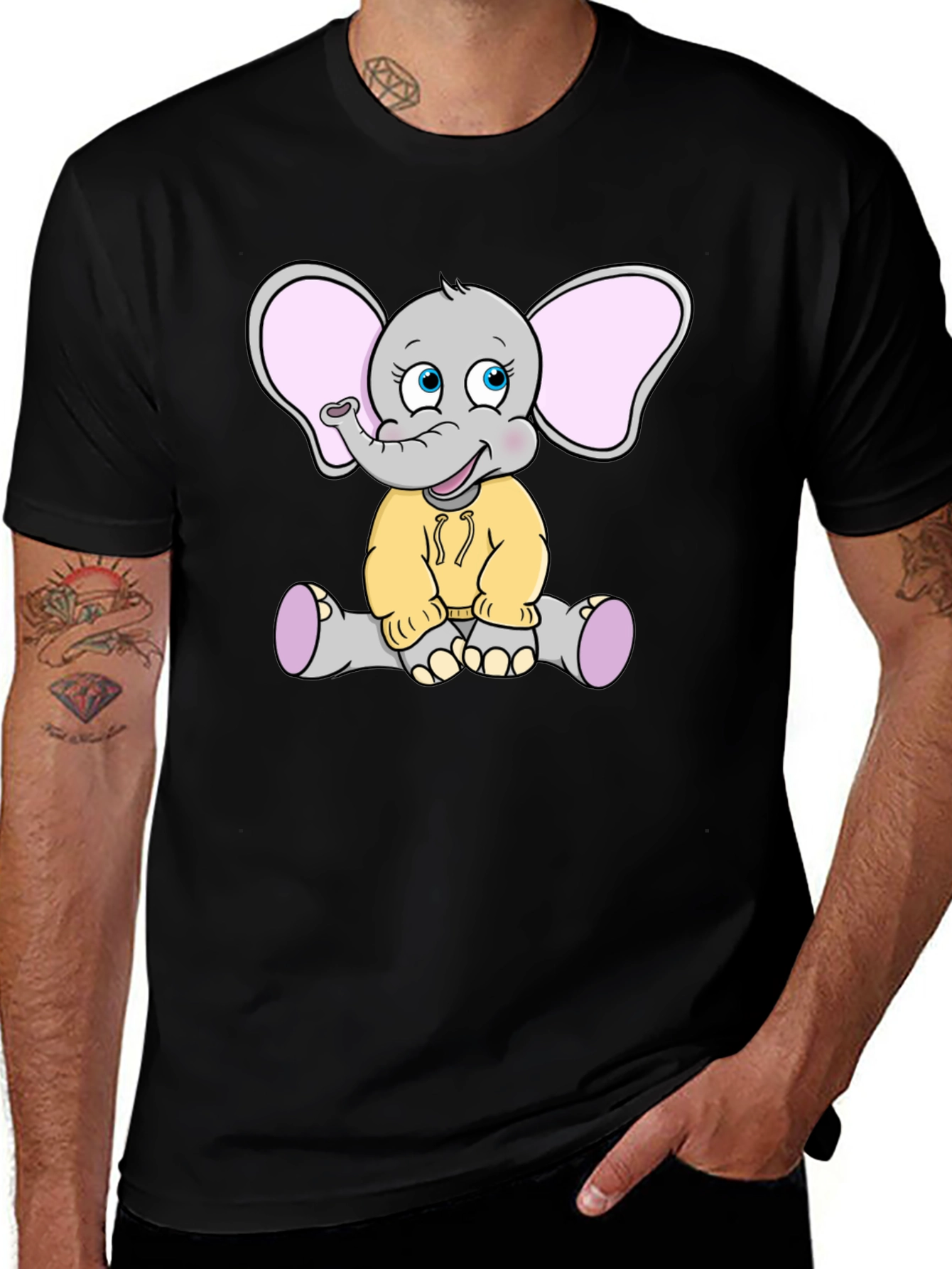 Cute Elephant Graphic Tee - Black Cotton T-Shirt