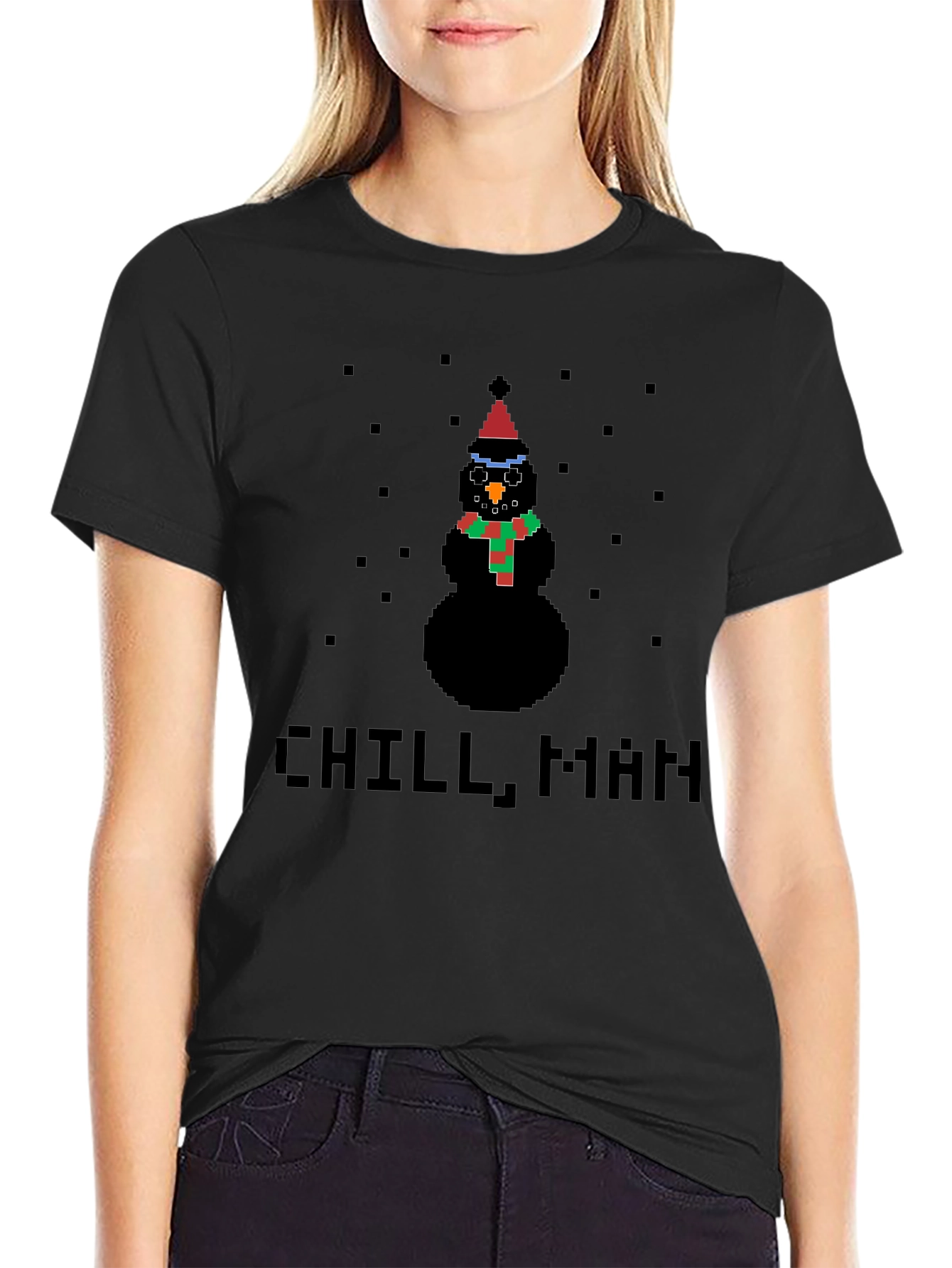 Pixel Snowman Chill Man Black T-Shirt