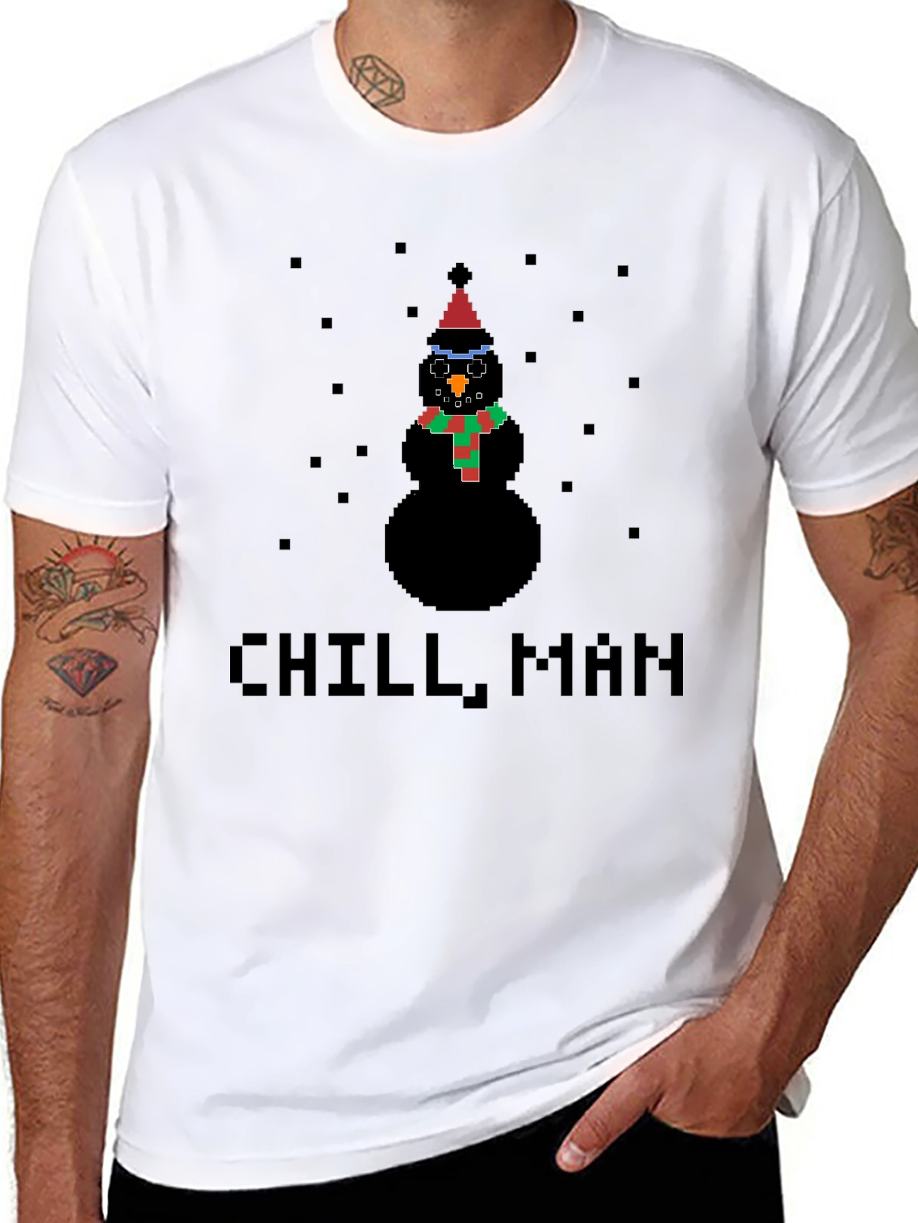 Pixel Snowman Chill Man Black T-Shirt