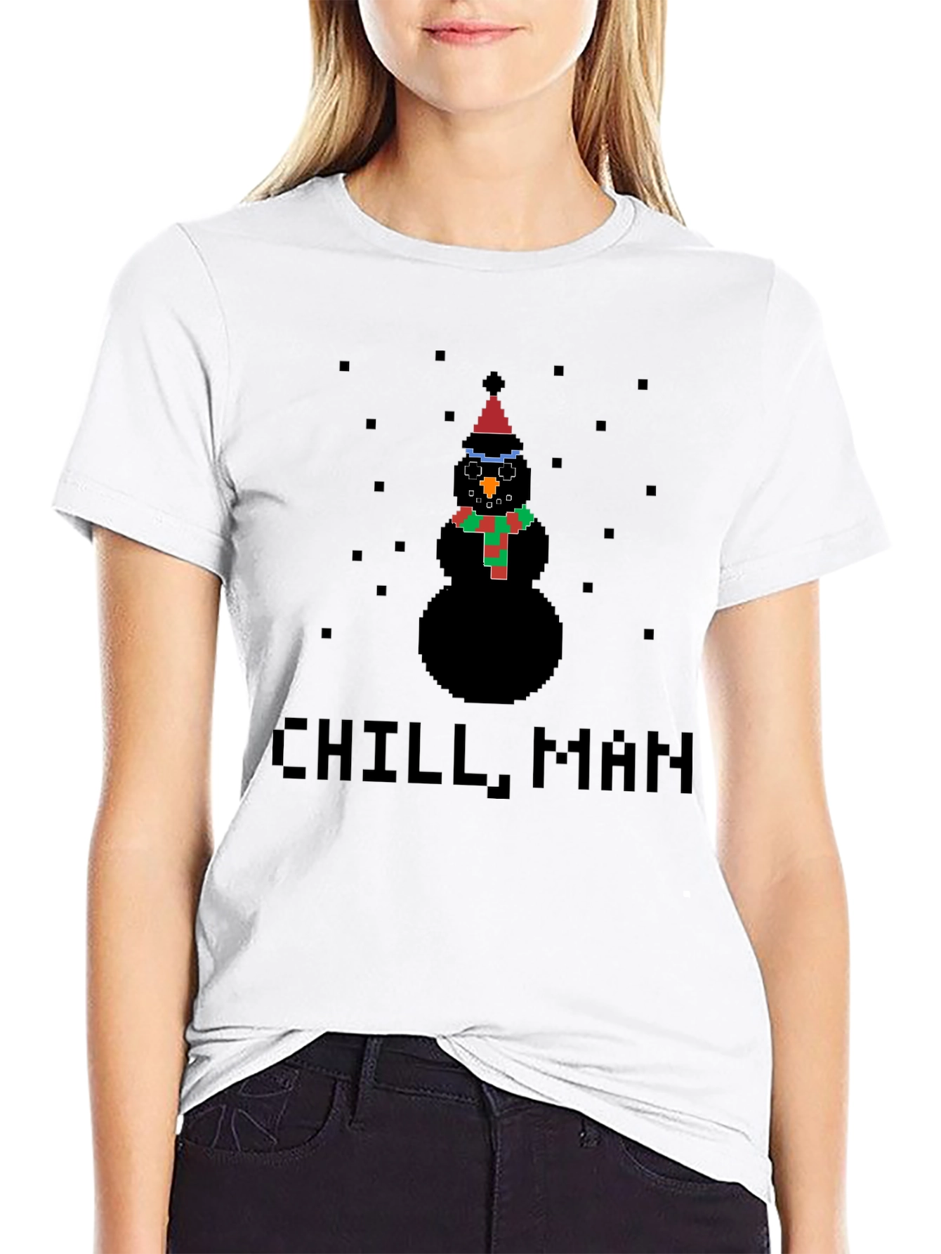 Pixel Snowman Chill Man Black T-Shirt
