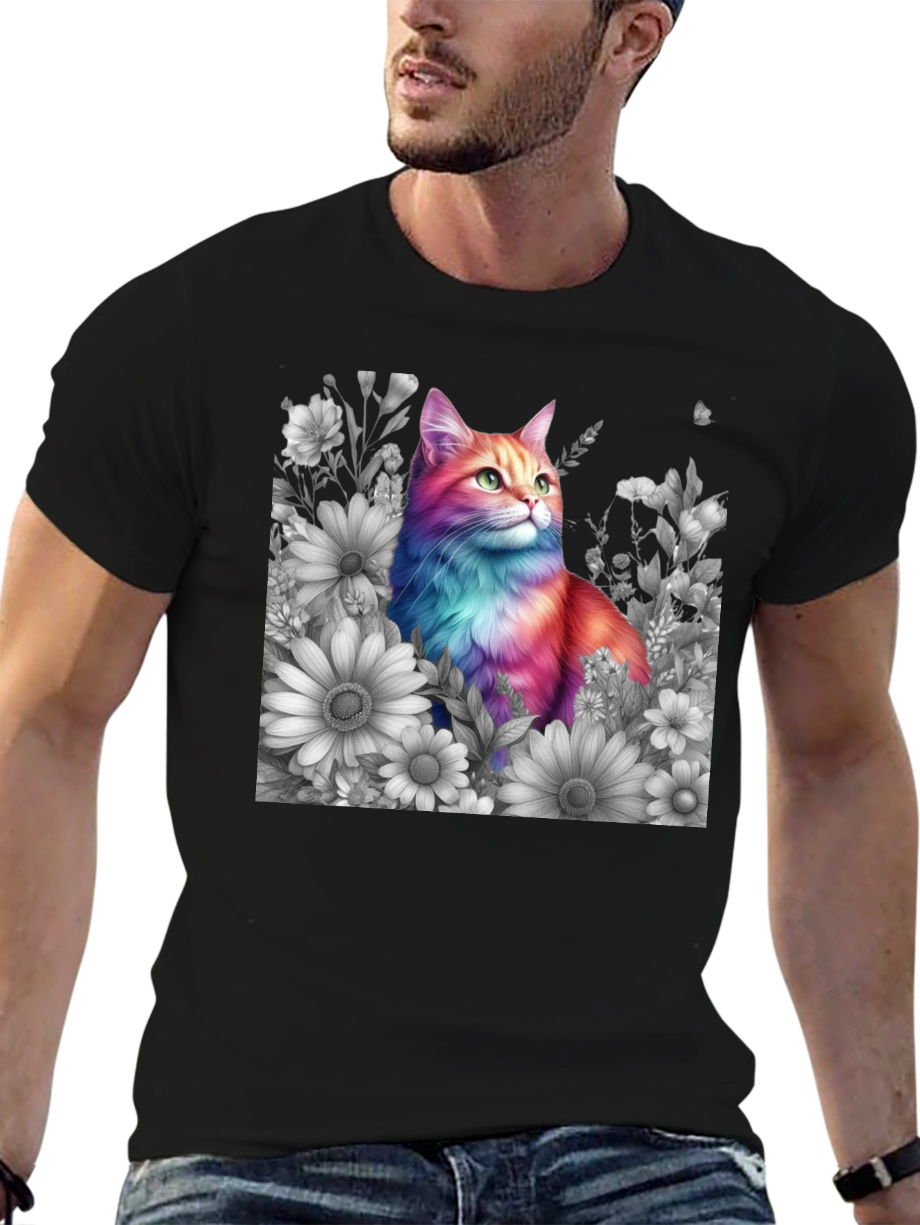 Rainbow Cat & Floral T-Shirt