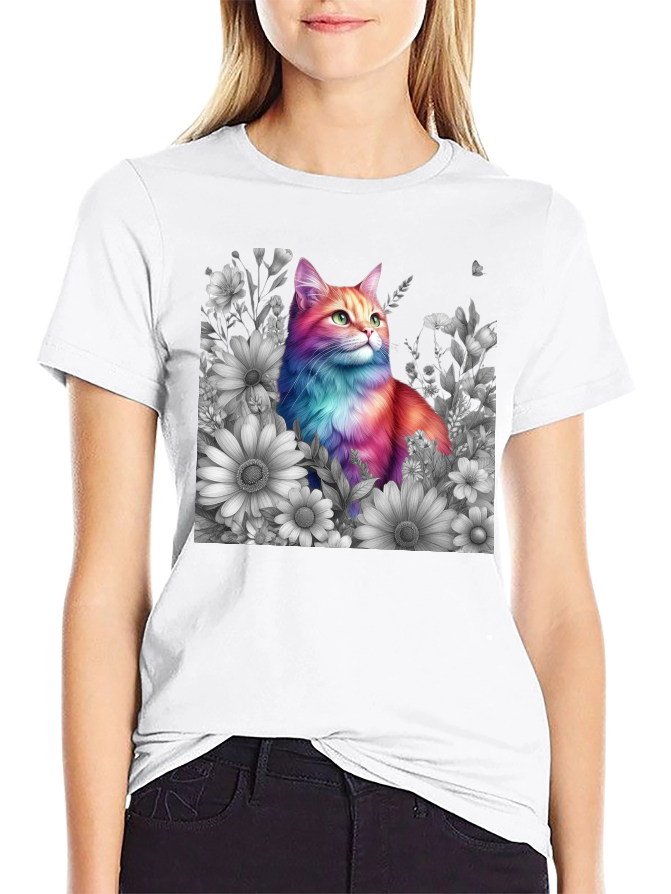 Rainbow Cat & Floral T-Shirt