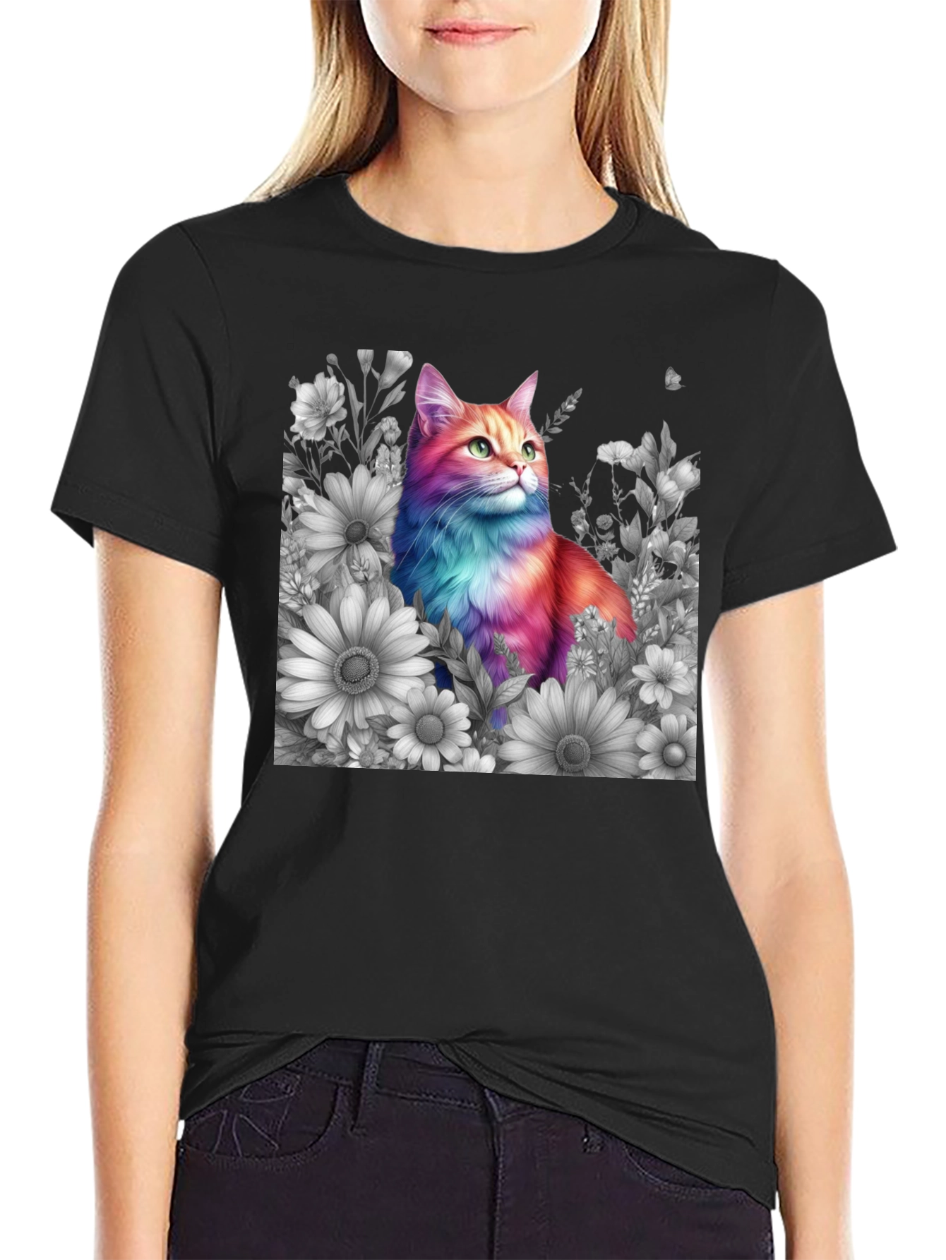 Rainbow Cat & Floral T-Shirt