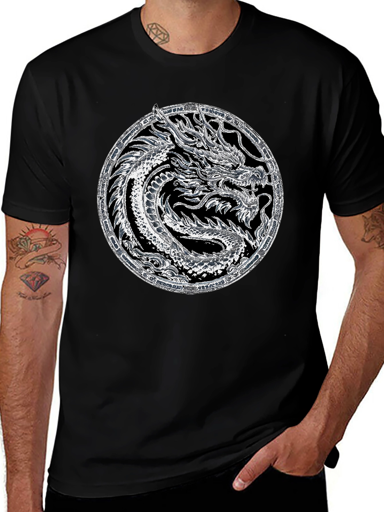 Dragon Circle Graphic Tee - Black Cotton Casual Shirt