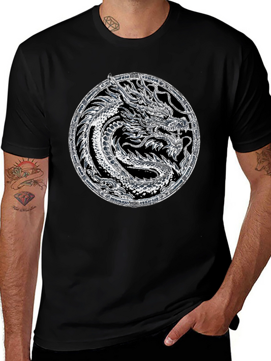 Dragon Circle Graphic Tee - Black Cotton Casual Shirt