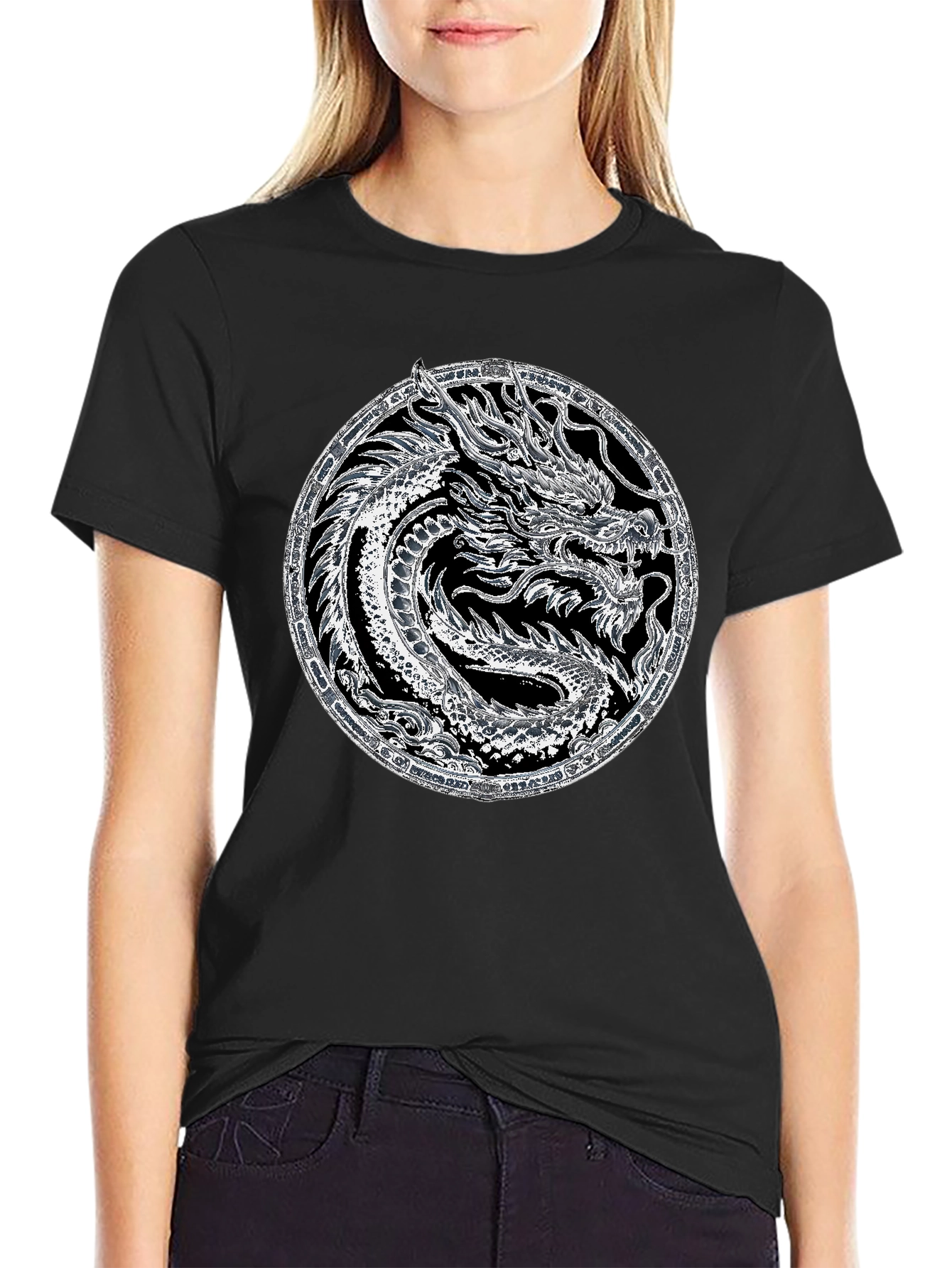 Dragon Circle Graphic Tee - Black Cotton Casual Shirt
