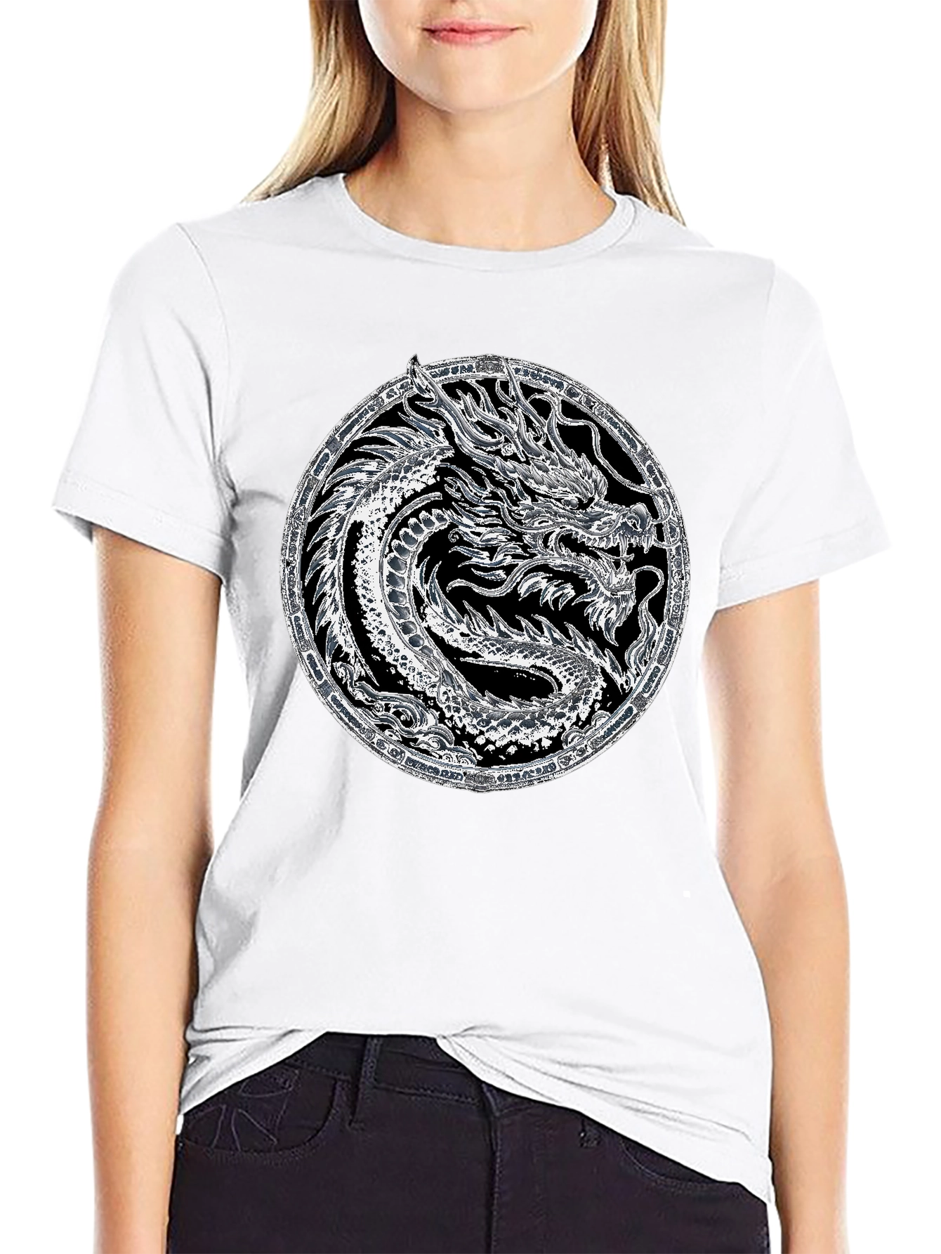 Dragon Circle Graphic Tee - Black Cotton Casual Shirt