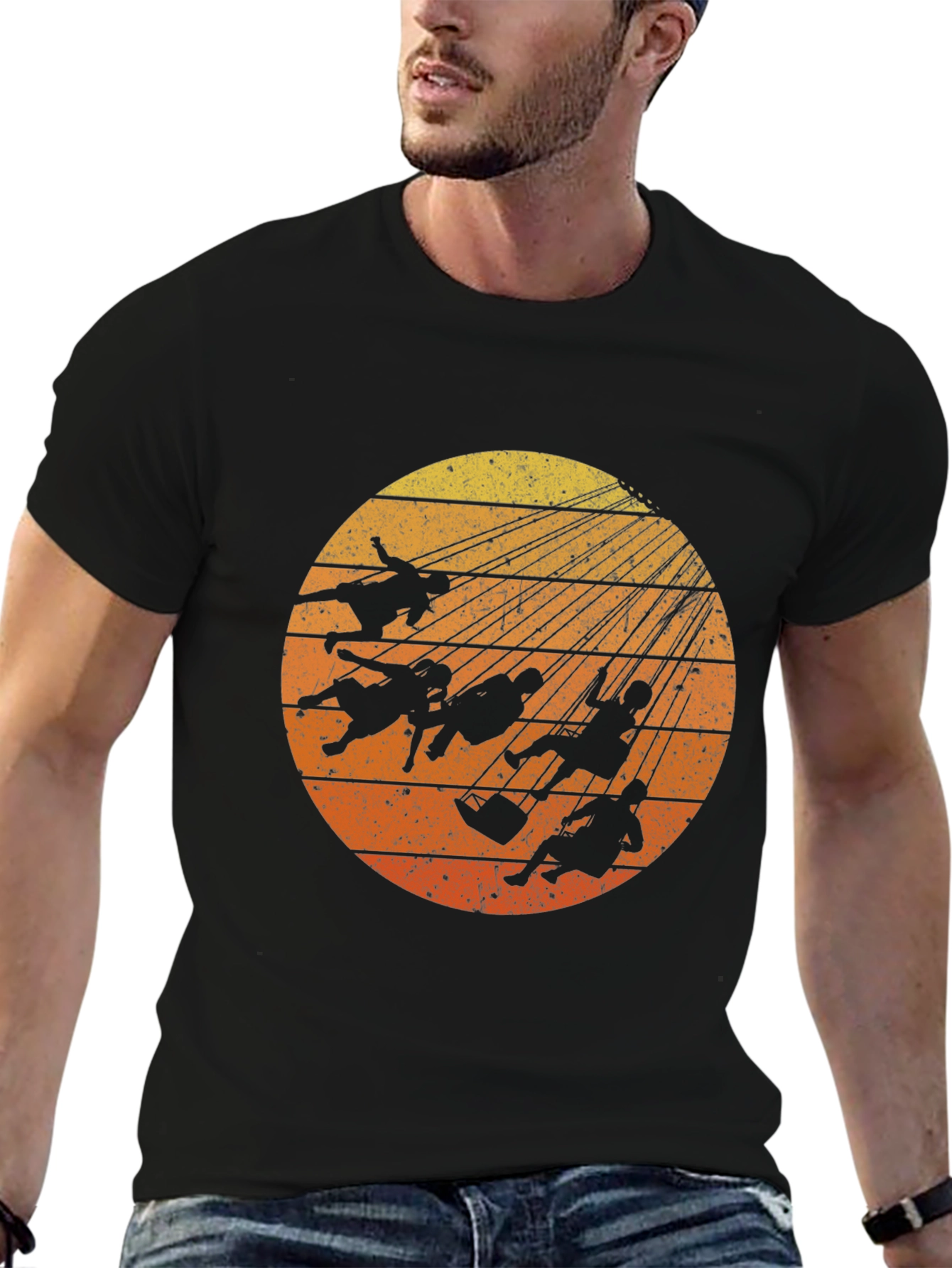 Sunset Swings Silhouette Tee - Retro Amusement Park Shirt