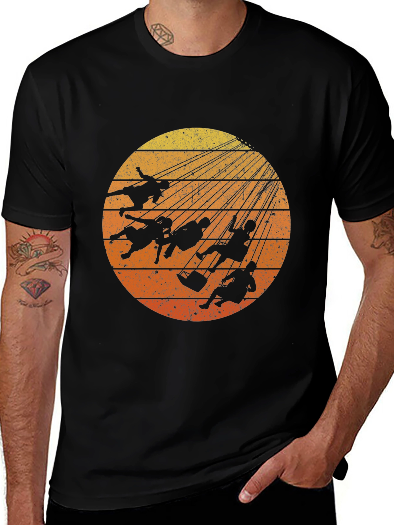 Sunset Swings Silhouette Tee - Retro Amusement Park Shirt