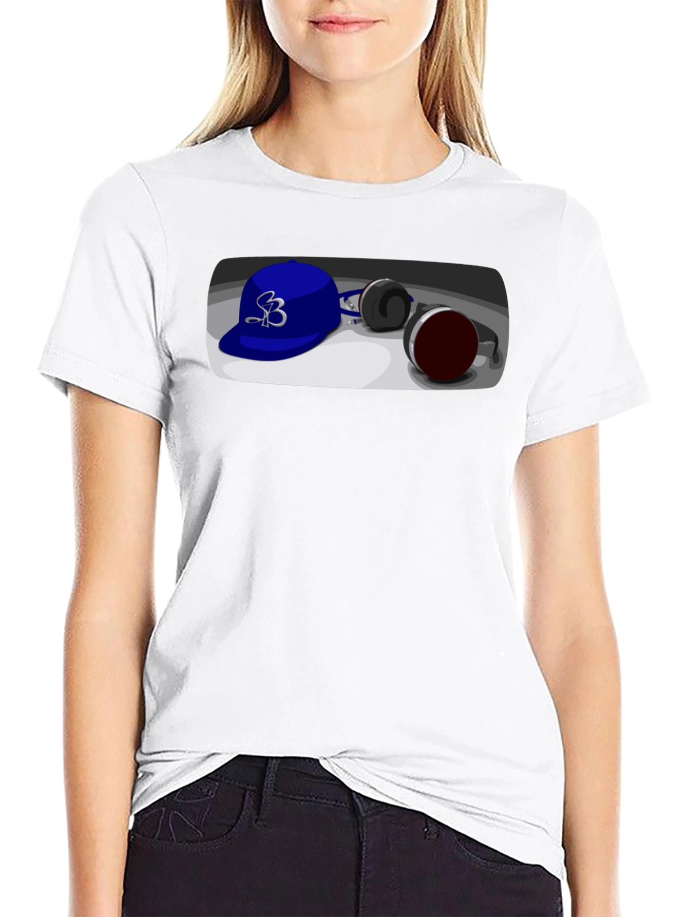 Cool Cartoon Blue Hat and Headphones Graphic Tee