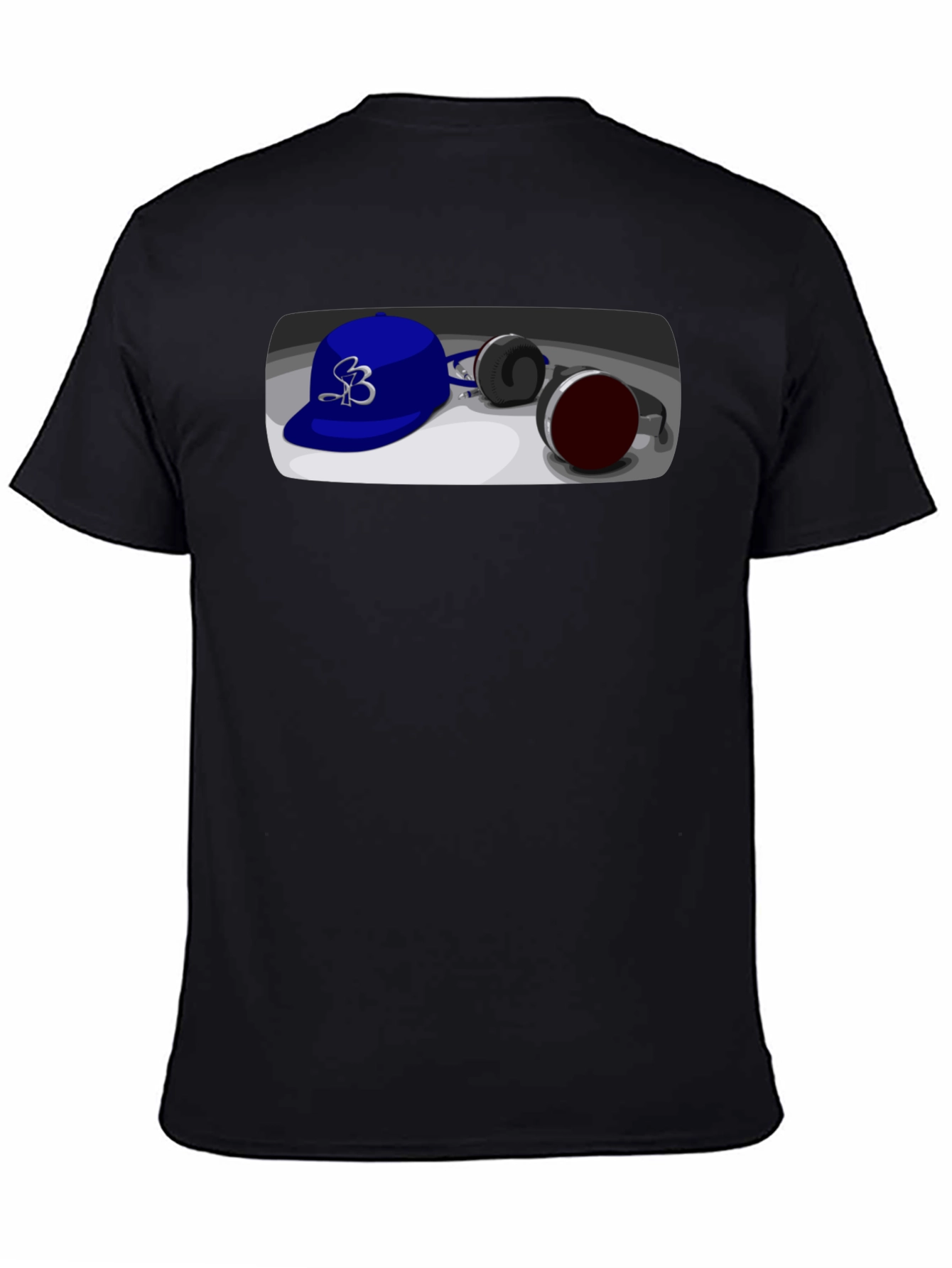 Cool Cartoon Blue Hat and Headphones Graphic Tee