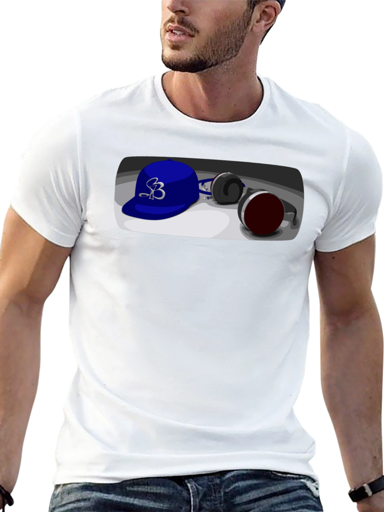 Cool Cartoon Blue Hat and Headphones Graphic Tee