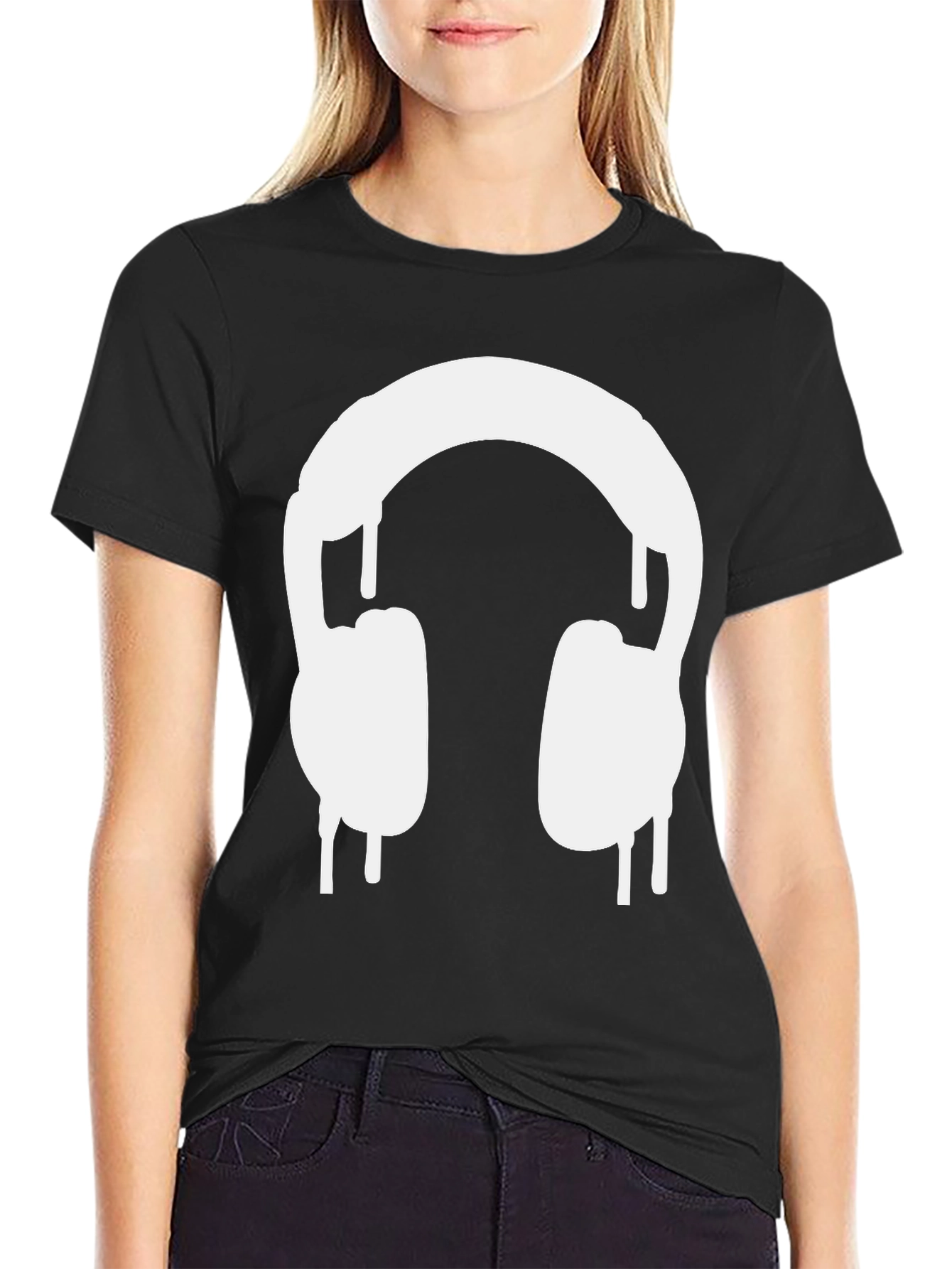 Cool Black Tee with Dripping Headphones Design
