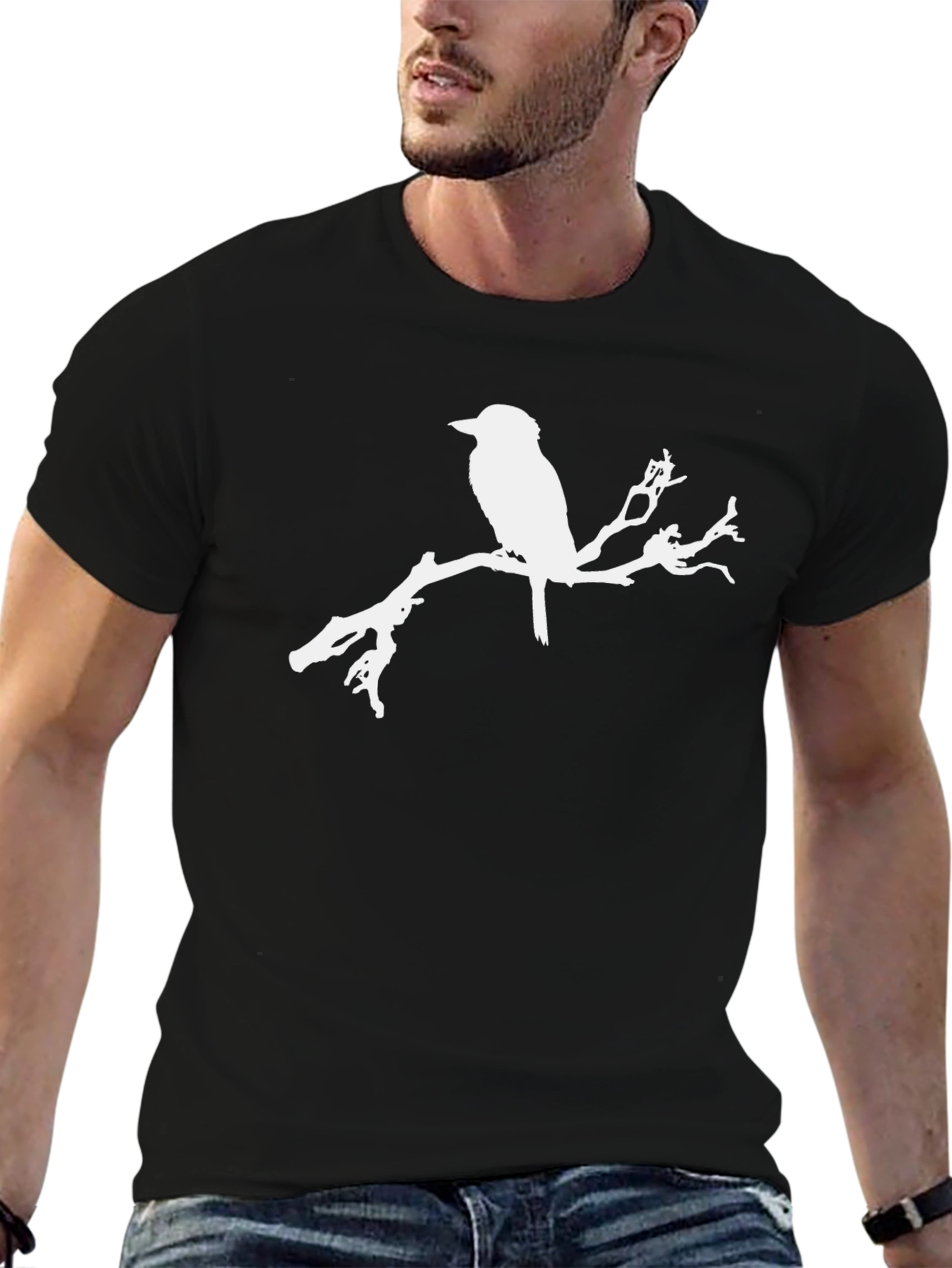 Bird on Branch Graphic Tee - Black Cotton T-Shirt