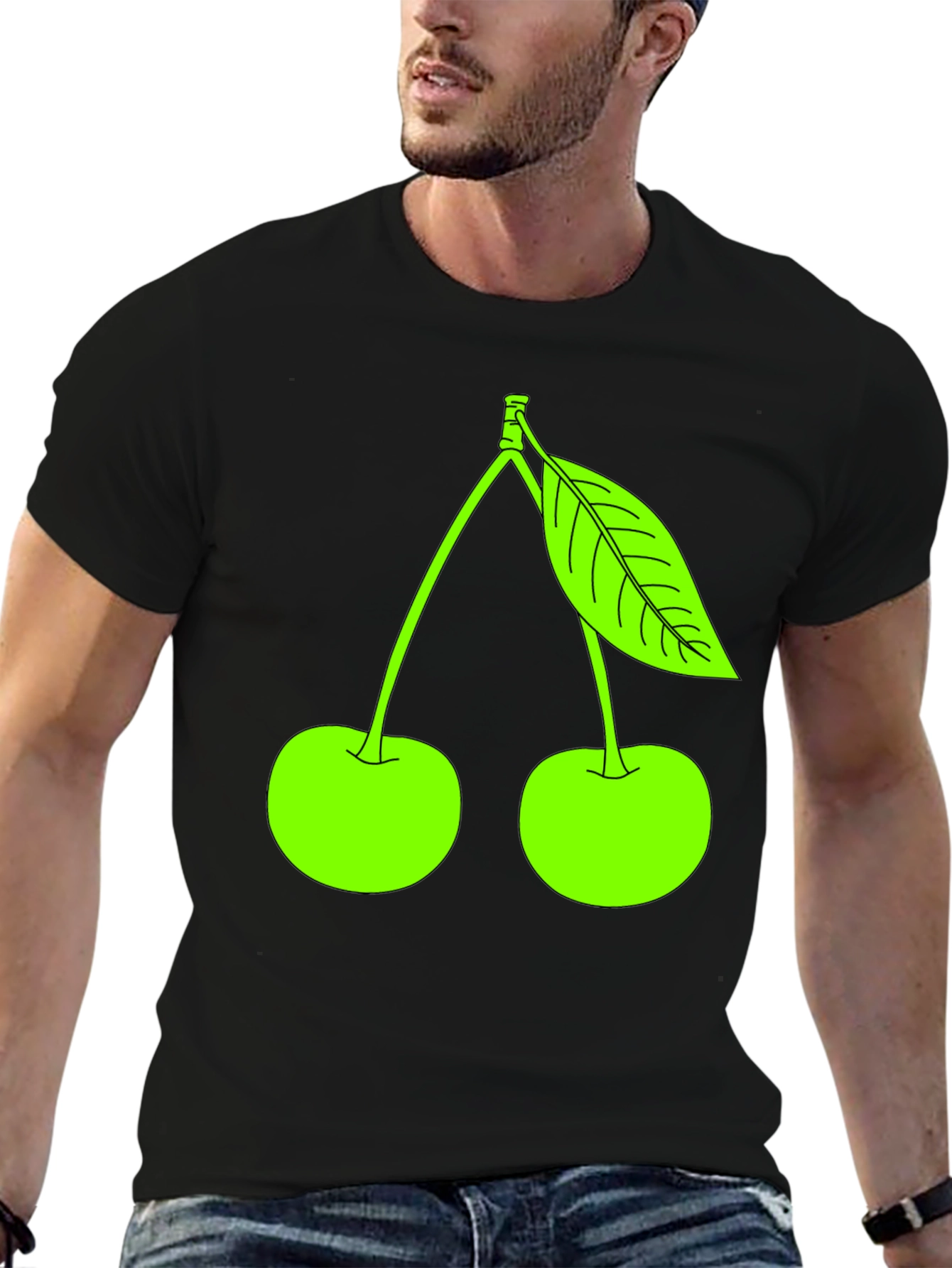 Neon Green Cherry Graphic Black T-Shirt