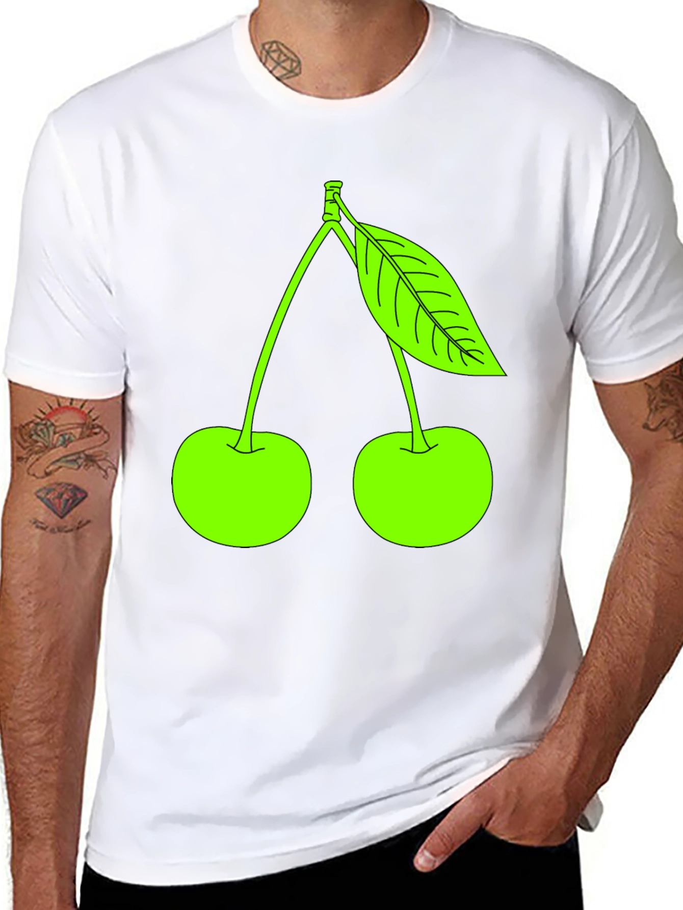 Neon Green Cherry Graphic Black T-Shirt