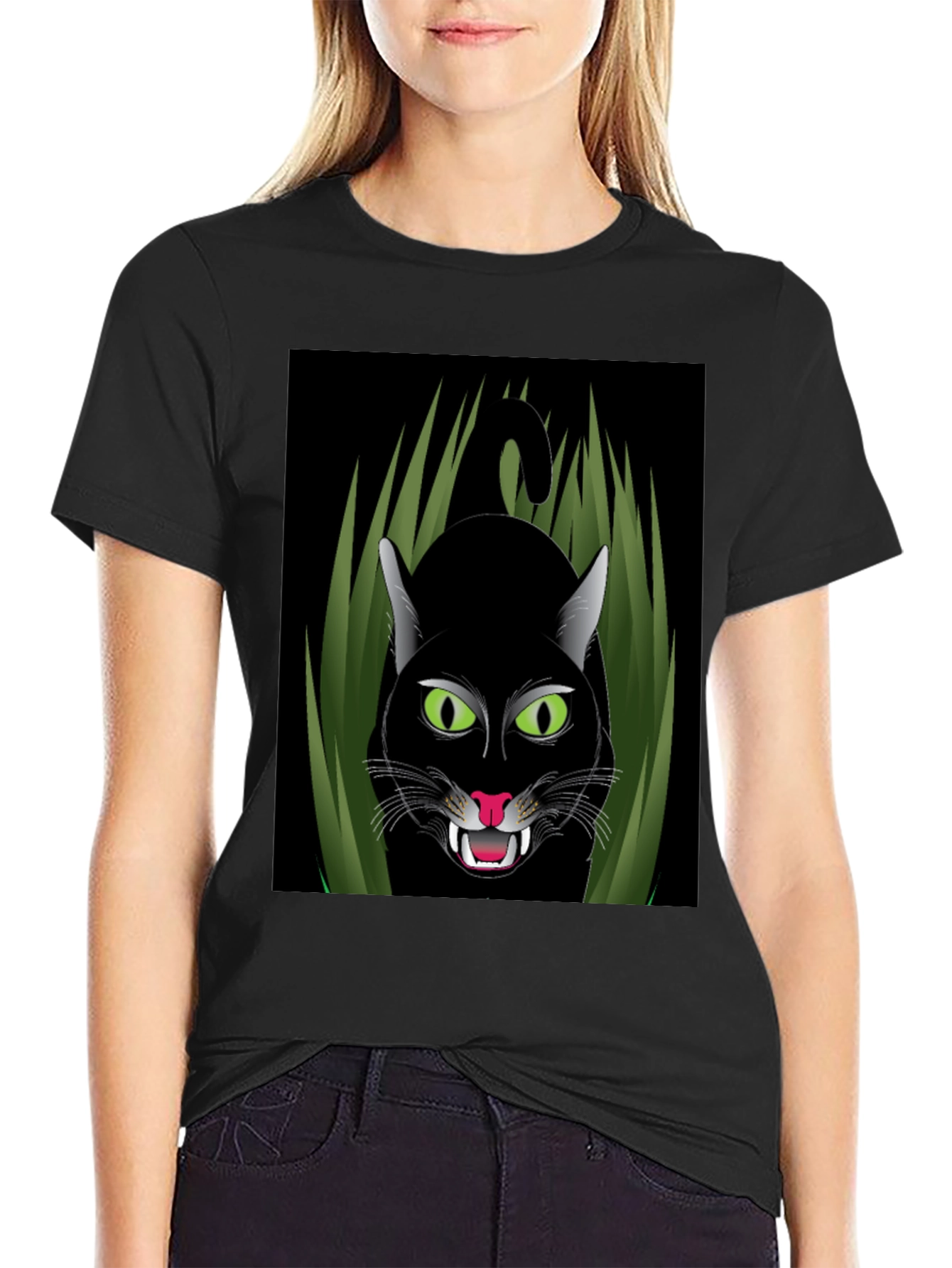 Black Cat Graphic T-Shirt - Fierce Feline Design