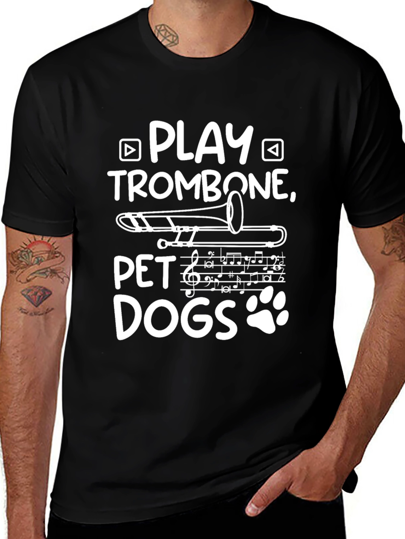 Play Trombone Pet Dogs Black Graphic Tee