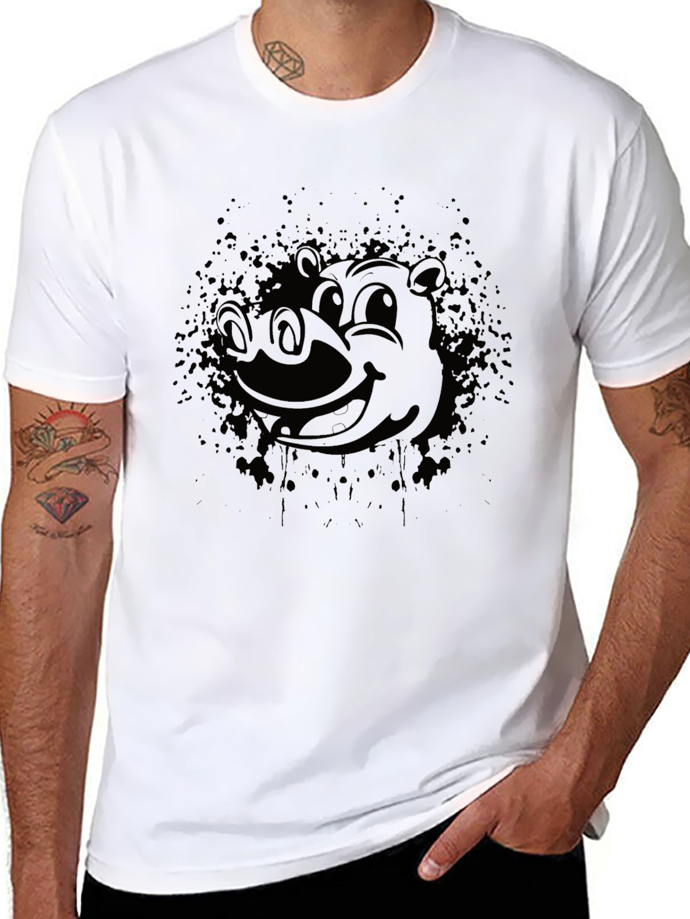 Mens Black Graphic Tee - Cartoon Hippo Design