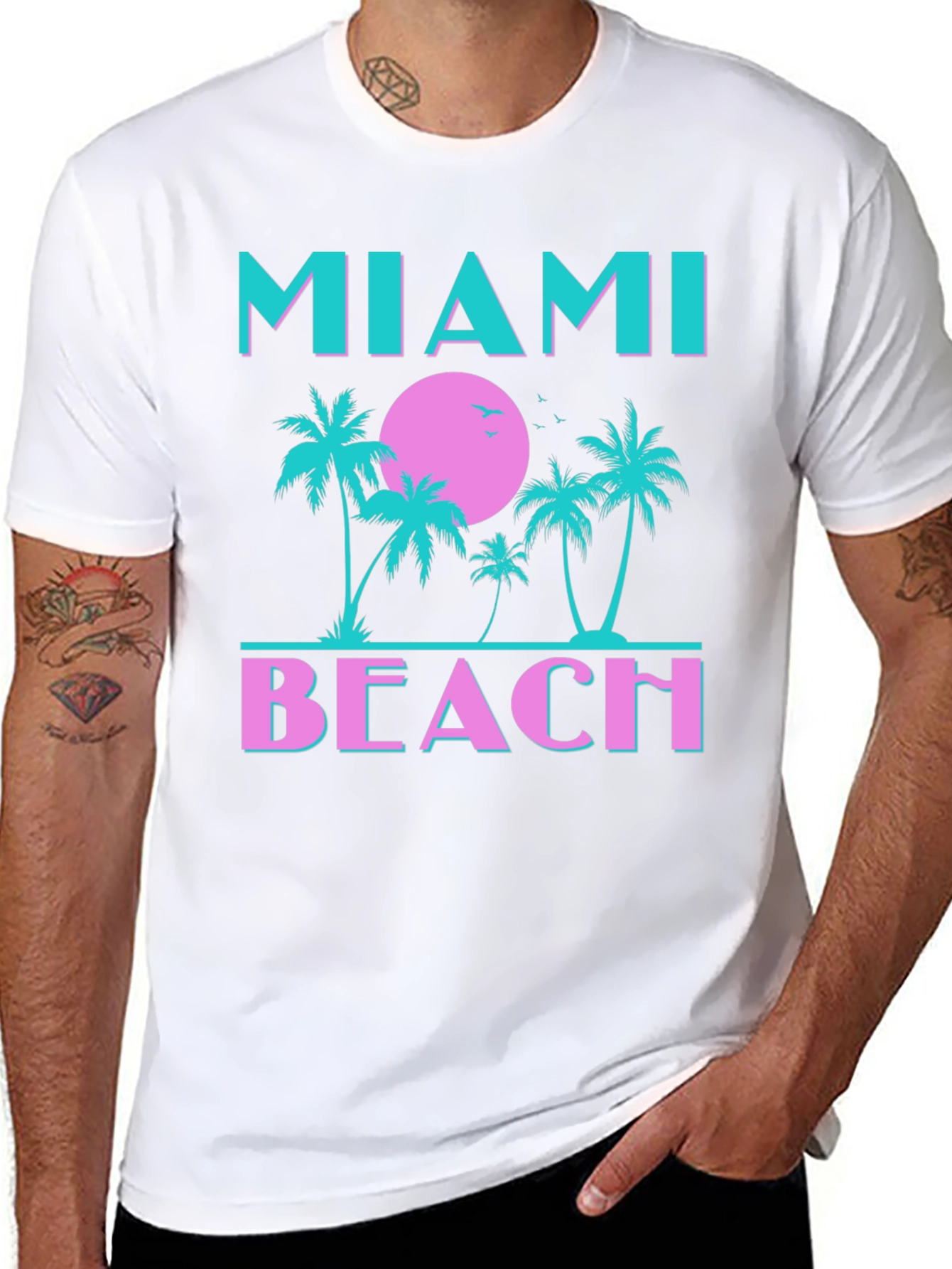Miami Beach Graphic T-Shirt Palm Tree Sunset Tee