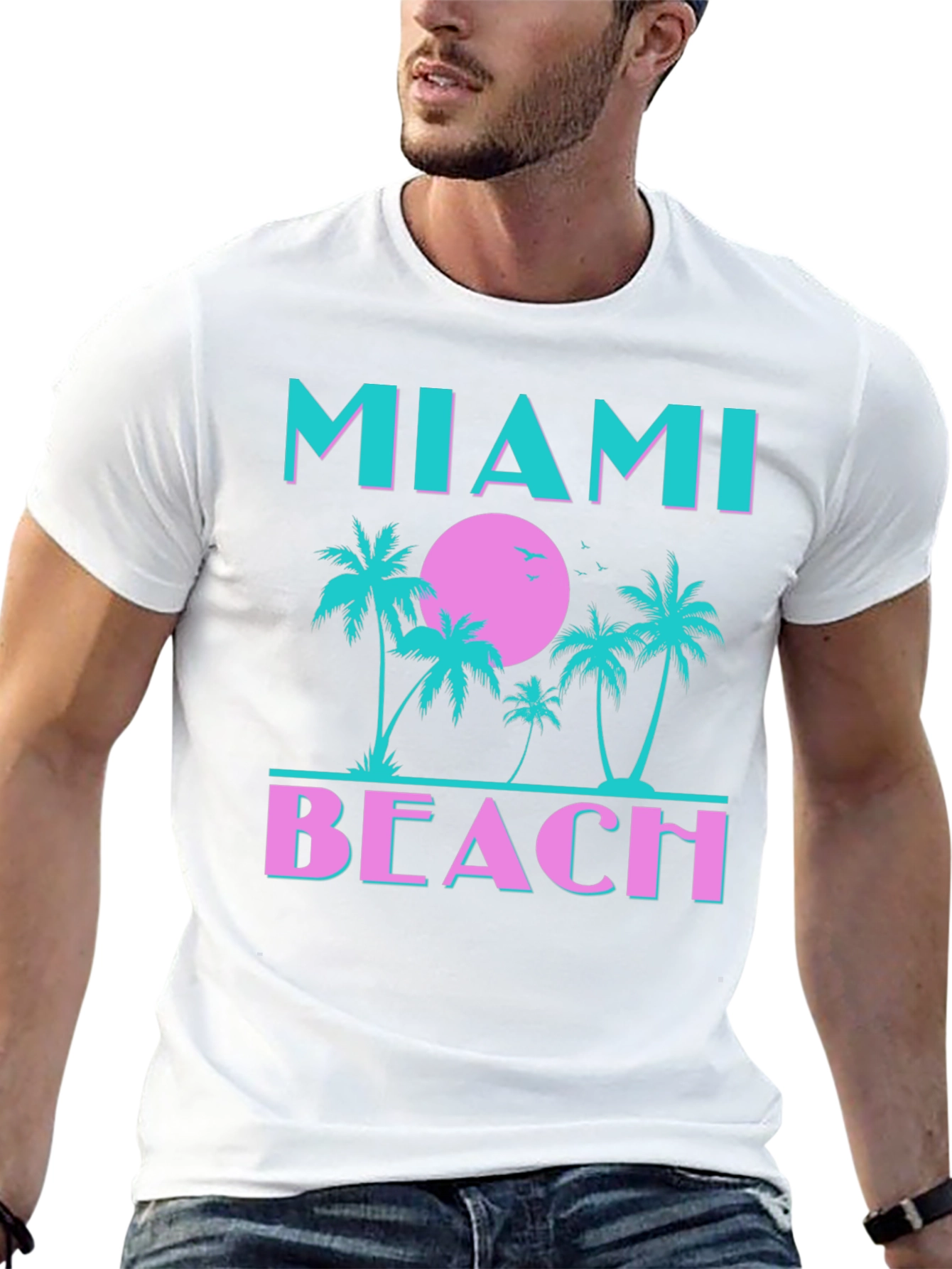 Miami Beach Graphic T-Shirt Palm Tree Sunset Tee