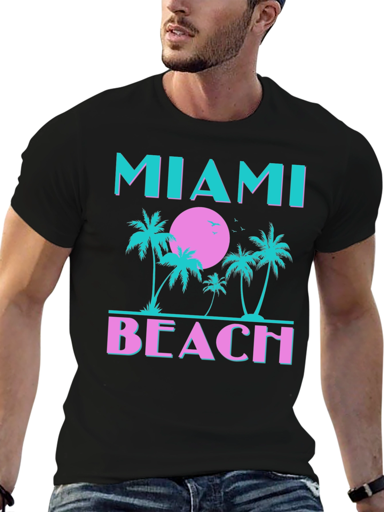 Miami Beach Graphic T-Shirt Palm Tree Sunset Tee