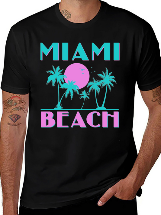 Miami Beach Graphic T-Shirt Palm Tree Sunset Tee