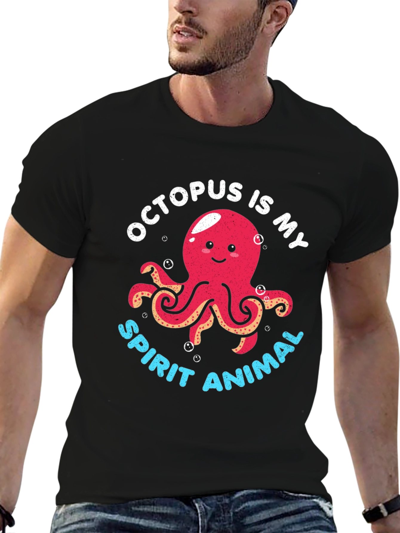 Octopus Spirit Animal Graphic Tee - Black Cotton T-Shirt
